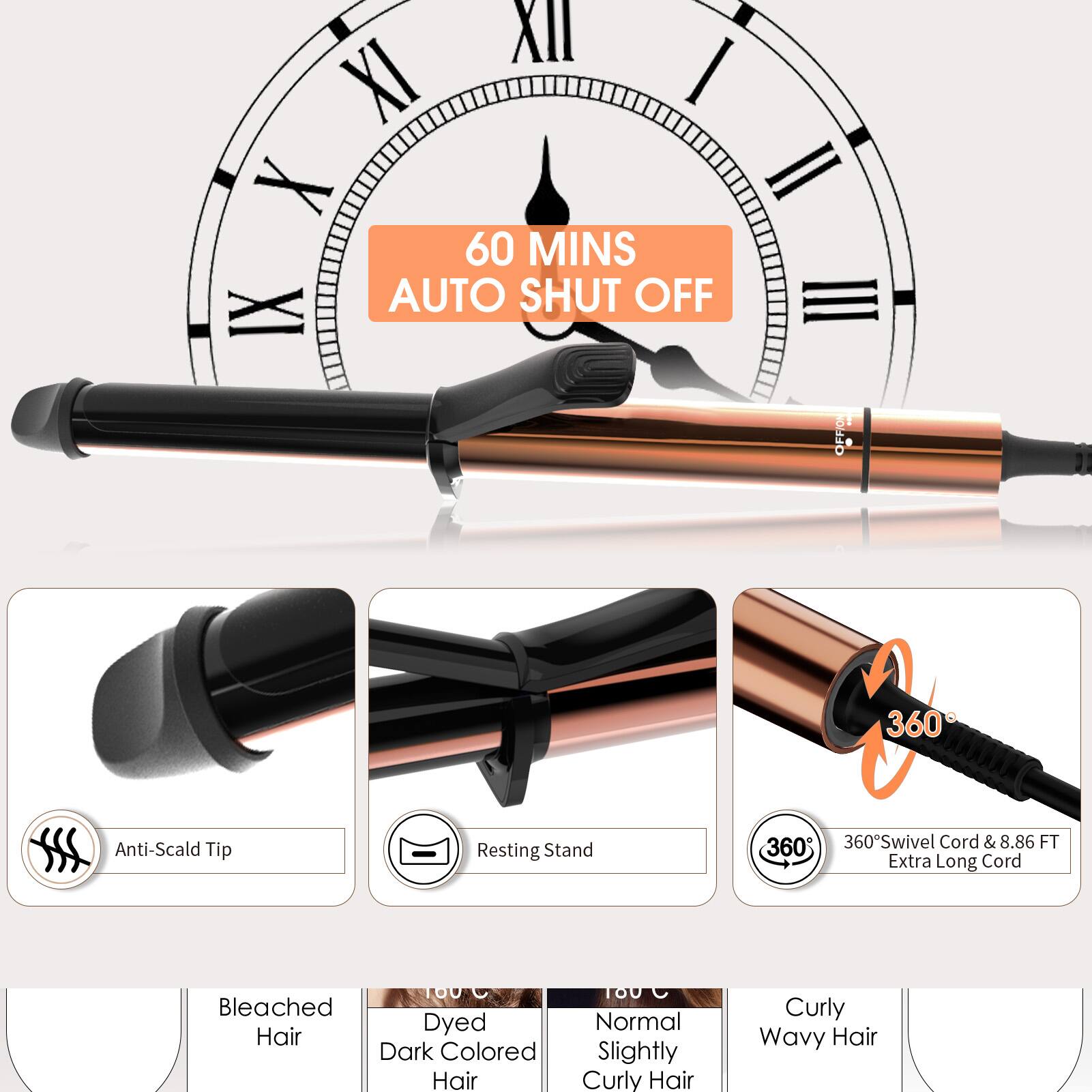 - 60 MINS AUTO SHUT OFF
- Anti-Scald Tip
- Resting Stand
- 360° Swivel Cord & 8.86 FT Extra Long Cord
- Bleached Hair
- Dyed Dark Colored Hair
- Normal Slightly Curly Hair
- Curly Wavy Hair