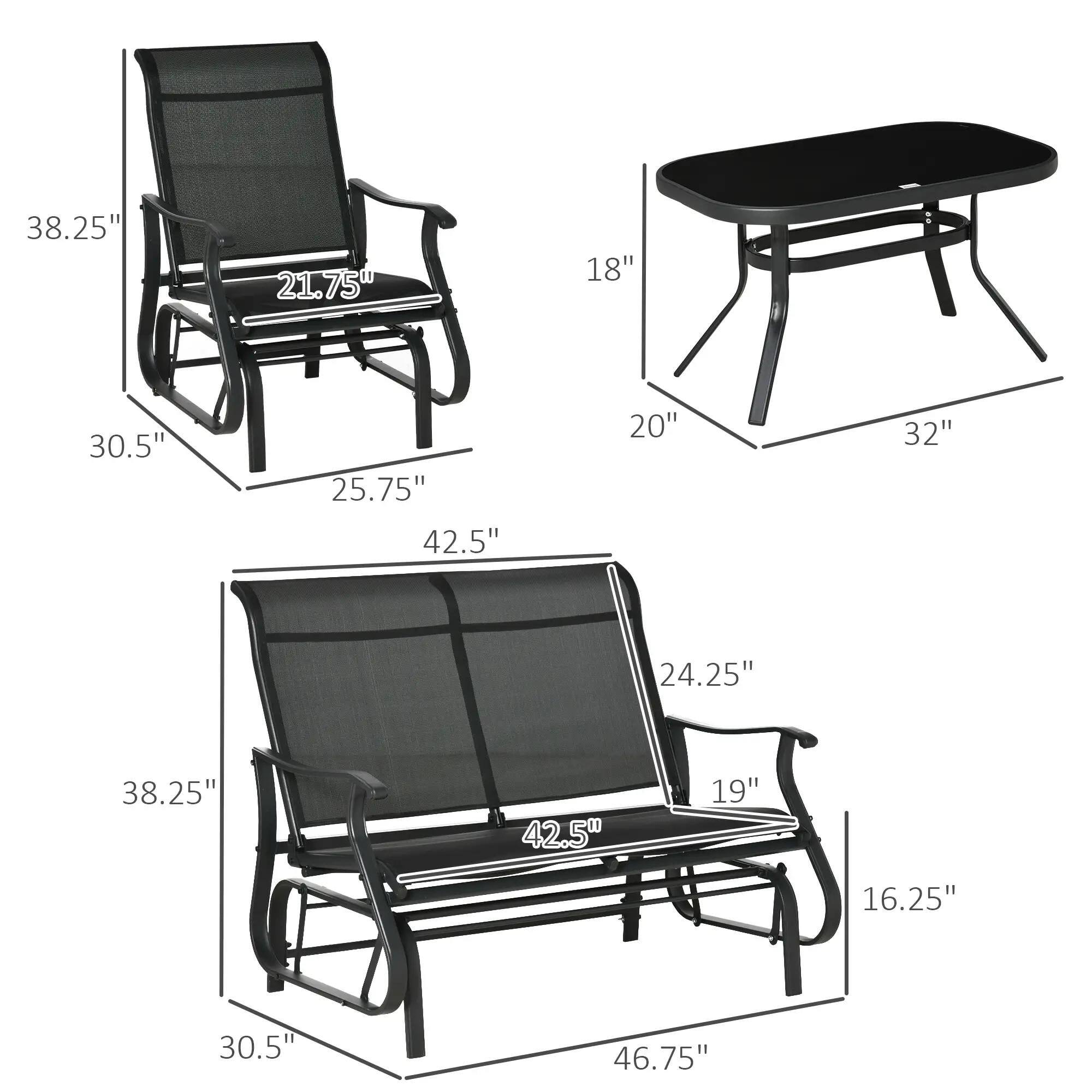 - Chair:
  - Height: 38.25"
  - Width: 21.75"
  - Depth: 25.75"
  - Armrest Height: 42.5"
  - Seat Height: 18"
  - Seat Depth: 30.5"

- Table:
  - Height: 18"
  - Width: 20"
  - Depth: 32"

- Loveseat:
  - Height: 38.25"
  - Width: 42.5"
  - Depth: 46.75"
  - Armrest Height: 42.5"
  - Seat Height: 19"
  - Seat Depth: 24.25"
  - Seat Width: 46.75"