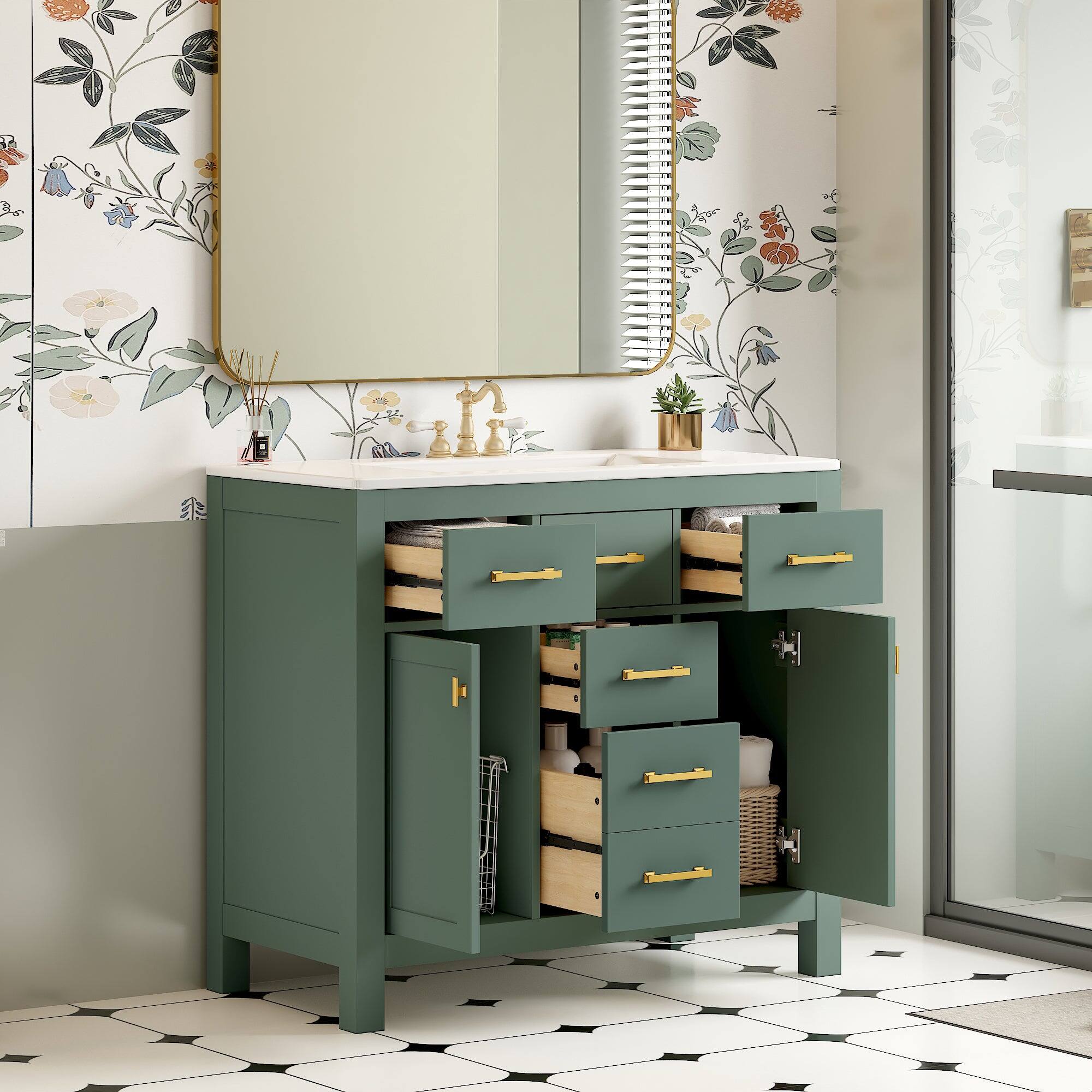 Alt View 2. Boyel Living - 36 Inch Modern Bathroom Vanity with Ceramic Sink Four Drawers Two Cabinets Green - Green.