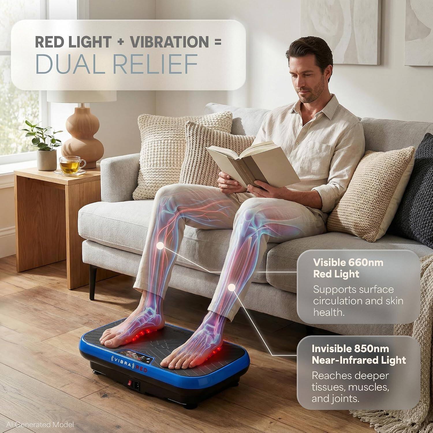 RED LIGHT + VIBRATION = DUAL RELIEF

Visible 660nm Red Light Supports surface circulation and skin health.

Invisible 850nm Near-Infrared Light Reaches deeper tissues, muscles, and joints.

Alcenerated Model
