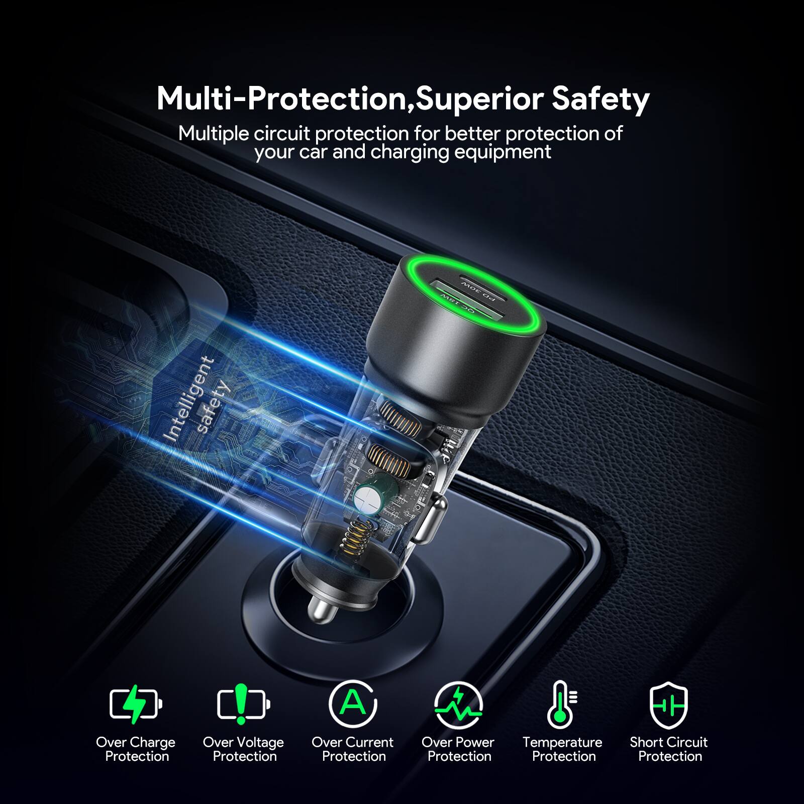 Multi-Protection, Superior Safety  
Multiple circuit protection for better protection of your car and charging equipment  

Intelligent safety  

- Over Charge Protection  
- Over Voltage Protection  
- Over Current Protection  
- Over Power Protection  
- Temperature Protection  
- Short Circuit Protection