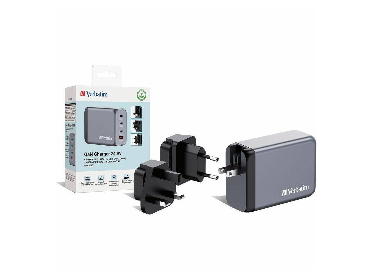 Ben M Verbatim. wX S0N N Vertution GaN Charger 240W USB-C PO V 1 U USB-C a 100 W - C 3 a W 1n USB-A D s - . USB GNC-240 PS 3