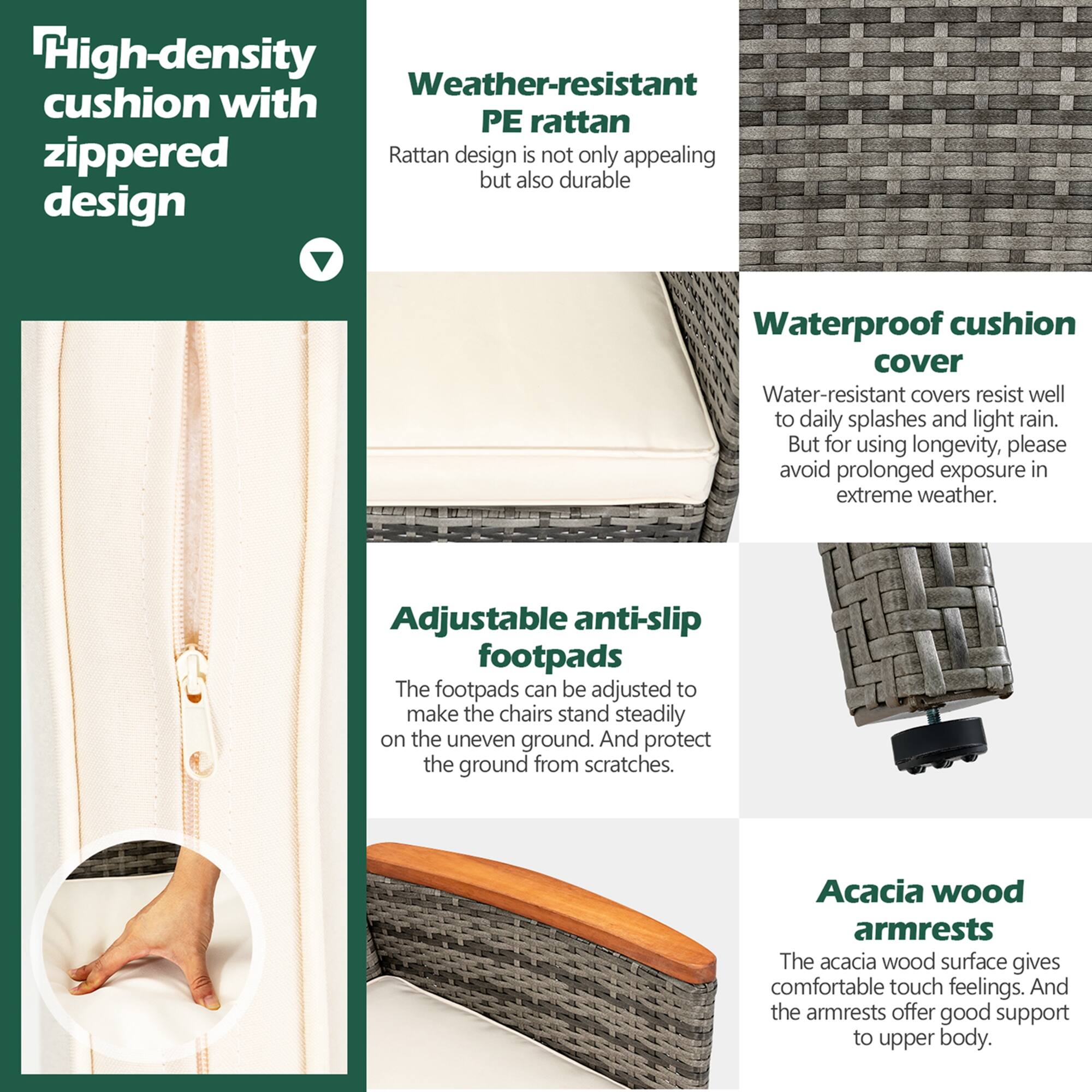 High-density cushion with PE rattan zippered design: This cushion is not only visually appealing but also durable.

Weather-resistant cushion cover: The waterproof cushion cover is designed to resist splashes and light rain, but prolonged exposure in extreme weather should be avoided to maintain its longevity.

Adjustable anti-slip footpads: The footpads can be adjusted to provide stability on uneven ground and protect the ground from scratches.

Acacia wood armrests: The armrests are made of acacia wood, providing a comfortable touch and offering good support to the upper body.