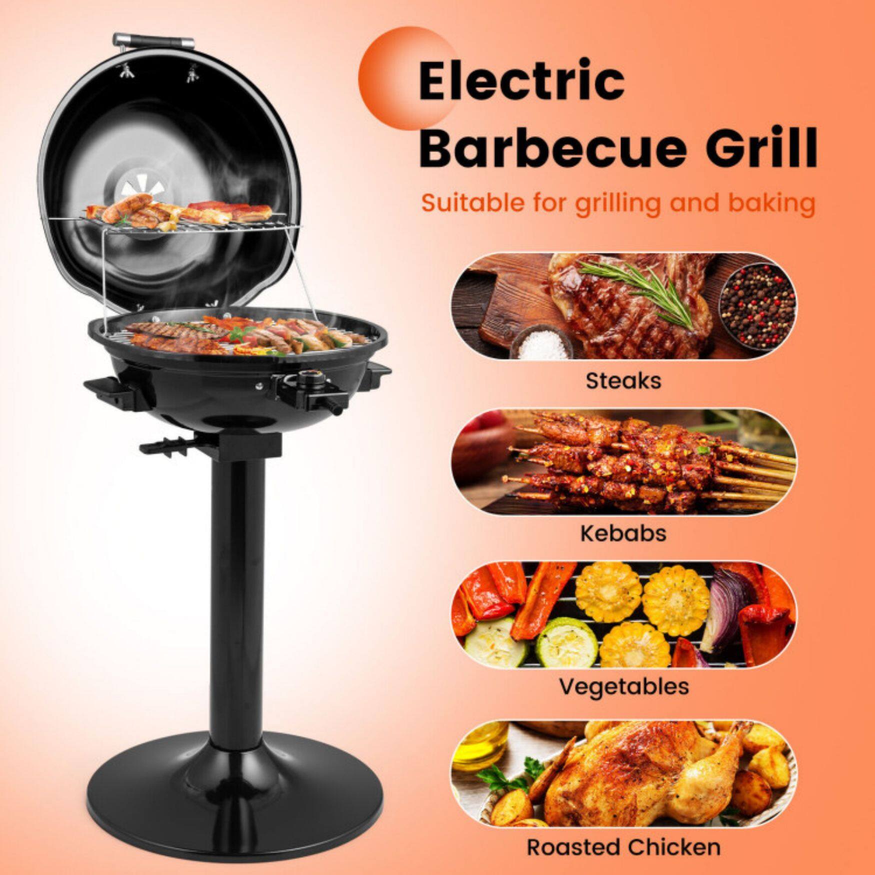 Electric Barbecue Grill  
Suitable for grilling and baking  

- Steaks  
- Kebabs  
- Vegetables  
- Roasted Chicken