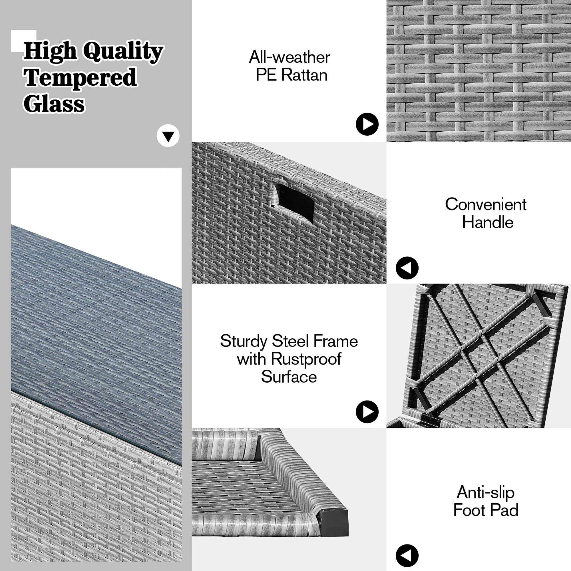 - High Quality Tempered Glass
- All-weather PE Rattan
- Convenient Handle
- Sturdy Steel Frame with Rustproof Surface
- Anti-slip Foot Pad