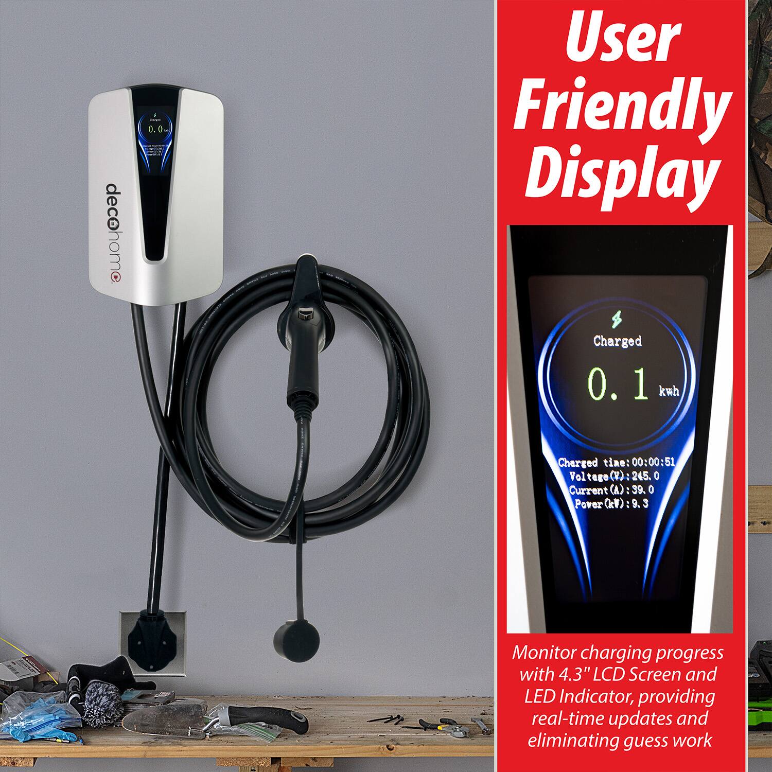 decohome

User Friendly Display

Charged 0.1 kwh  
Charged time: 00:00:51  
Voltage (V): 245.0  
Current (A): 39.0  
Power (W): 9.3

Monitor charging progress with 4.3" LCD Screen and LED Indicator, providing real-time updates and eliminating guess work