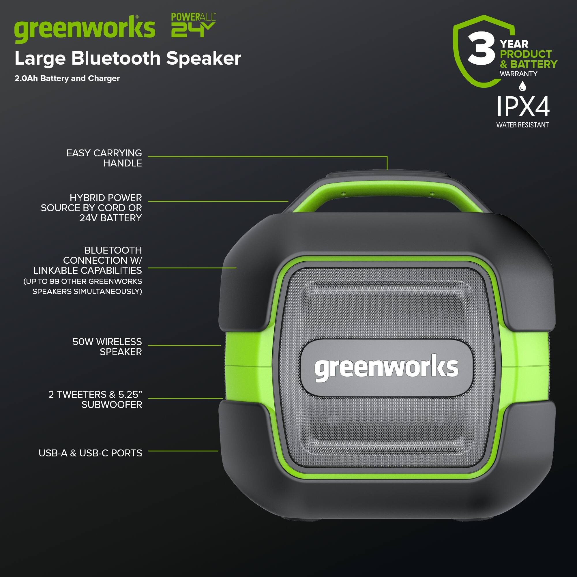 POWERALL greenworks 24V Large Bluetooth Speaker  
2.0Ah Battery and Charger  
3 YEAR PRODUCT & BATTERY WARRANTY  
IPX4 WATER RESISTANT  
EASY CARRYING HANDLE  
HYBRID POWER SOURCE BY CORD OR 24V BATTERY  
BLUETOOTH CONNECTION W/ LINKABLE CAPABILITIES (UP TO 99 OTHER GREENWORKS SPEAKERS SIMULTANEOUSLY)  
50W WIRELESS SPEAKER  
2 TWEETERS & 5.25" SUBWOOFER  
greenworks USB-A & USB-C PORTS