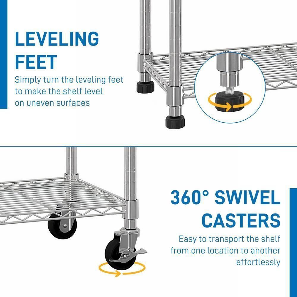 LEVELING FEET  
Simply turn the leveling feet to make the shelf level on uneven surfaces  

360° SWIVEL CASTERS  
Easy to transport the shelf from one location to another effortlessly