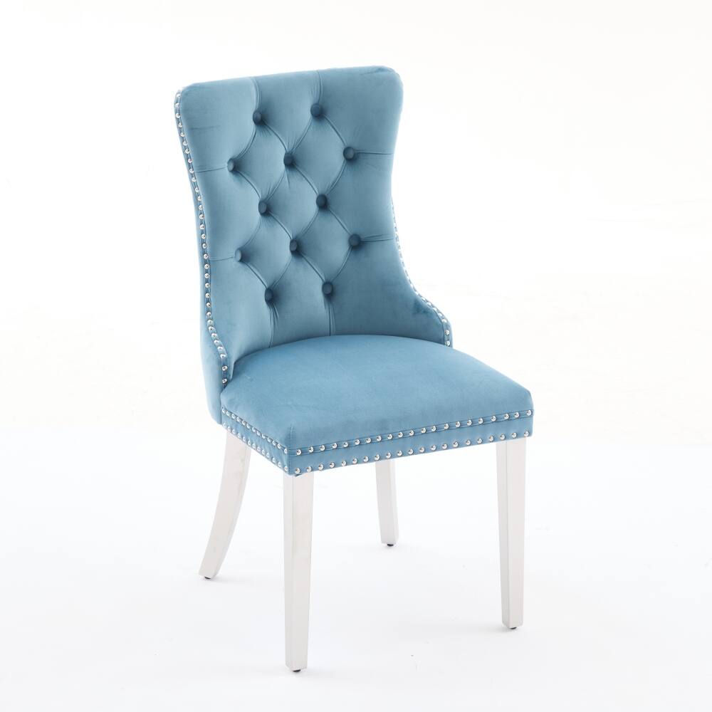 Back. Loheer - Loheer Velvet Dining Chairs Light Blue Tufted Upholstered Modern Seating with Chrome Legs Nailhead Trim Set of 2 - Light Blue.