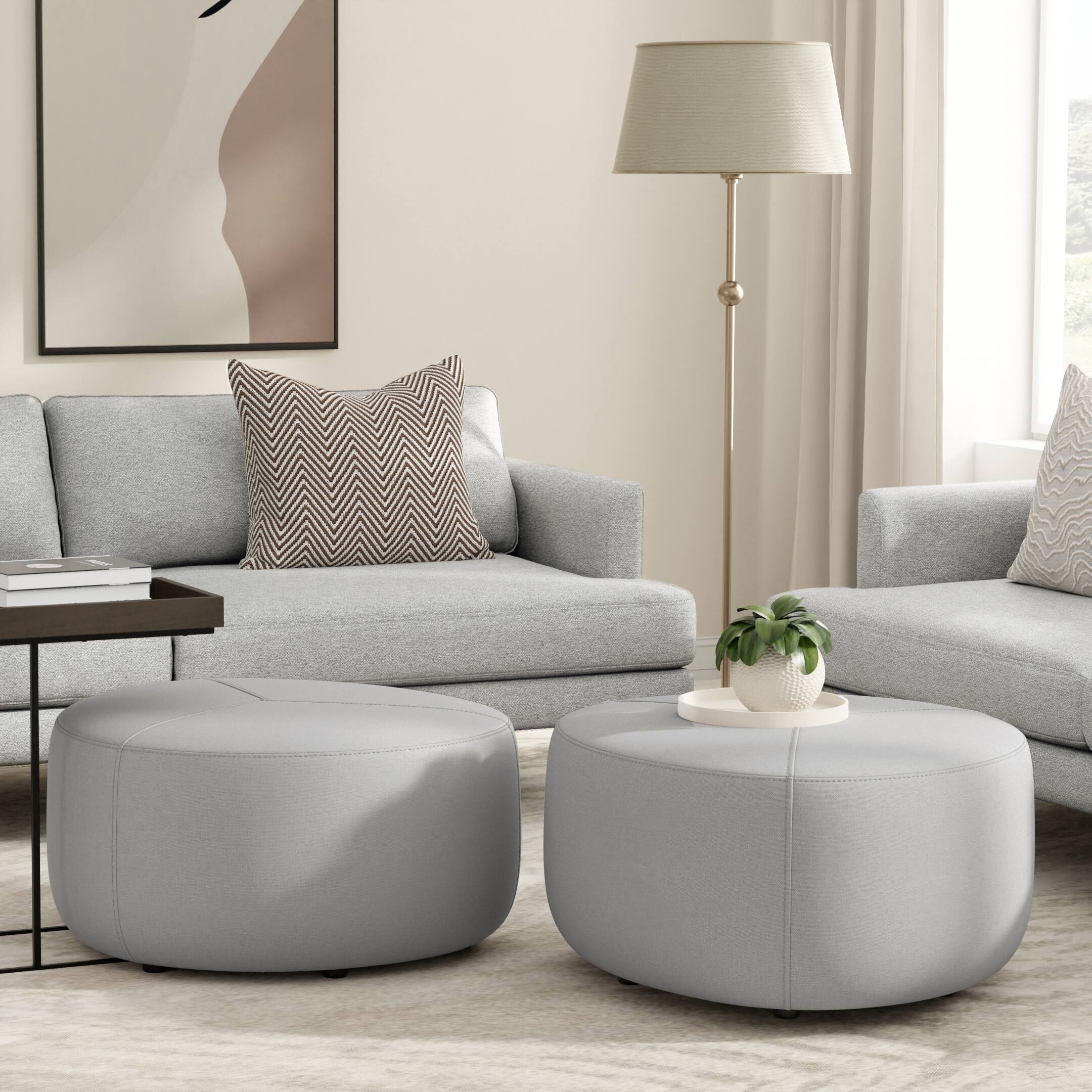 Angle. Simpli Home - Moore Large Ottoman in Light Grey Linen Look Fabric - Light Grey.