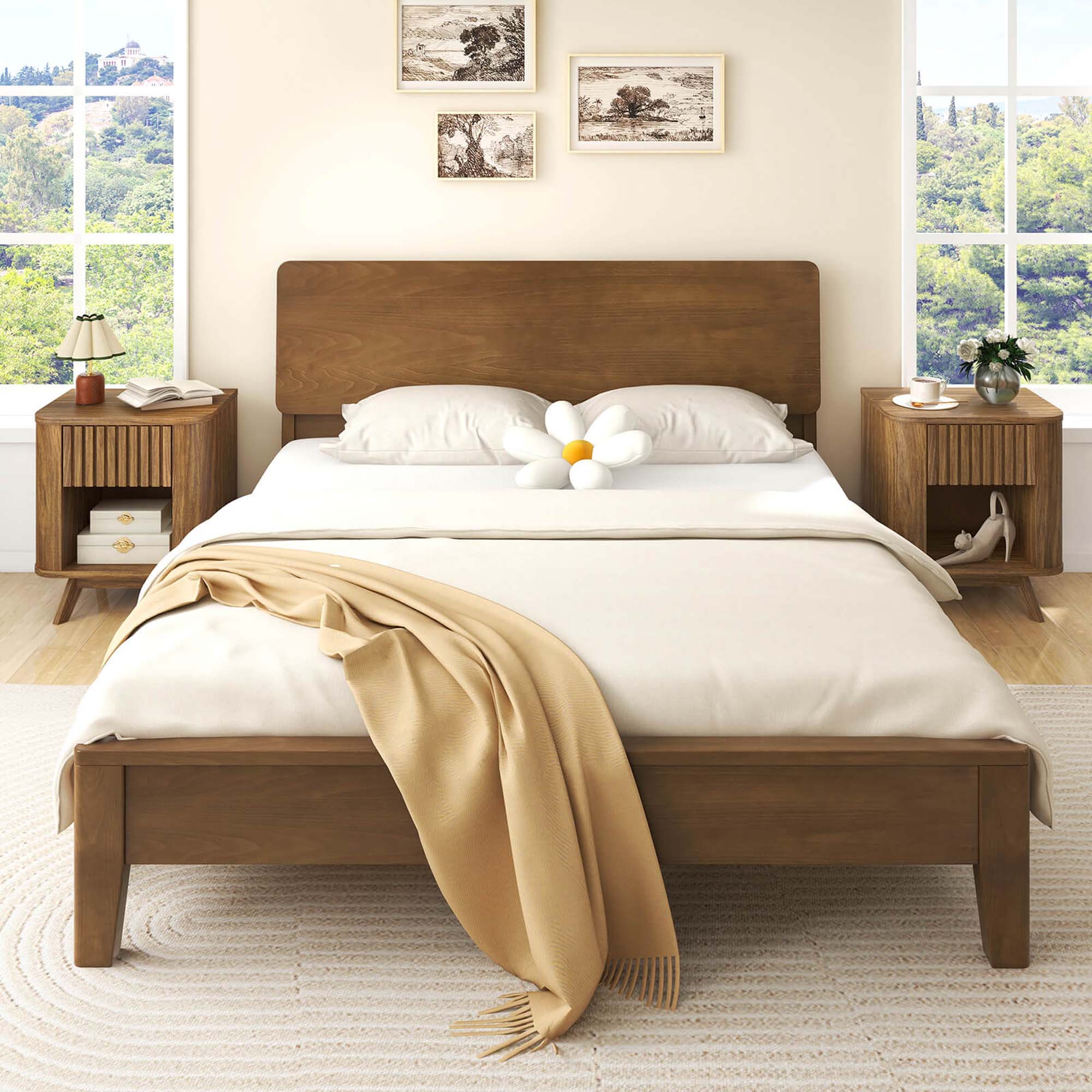 Angle. Costway - Costway Wood Nightstand with Drawer & Open Shelf Storage Home Bedside Table for Bedroom - Walnut.