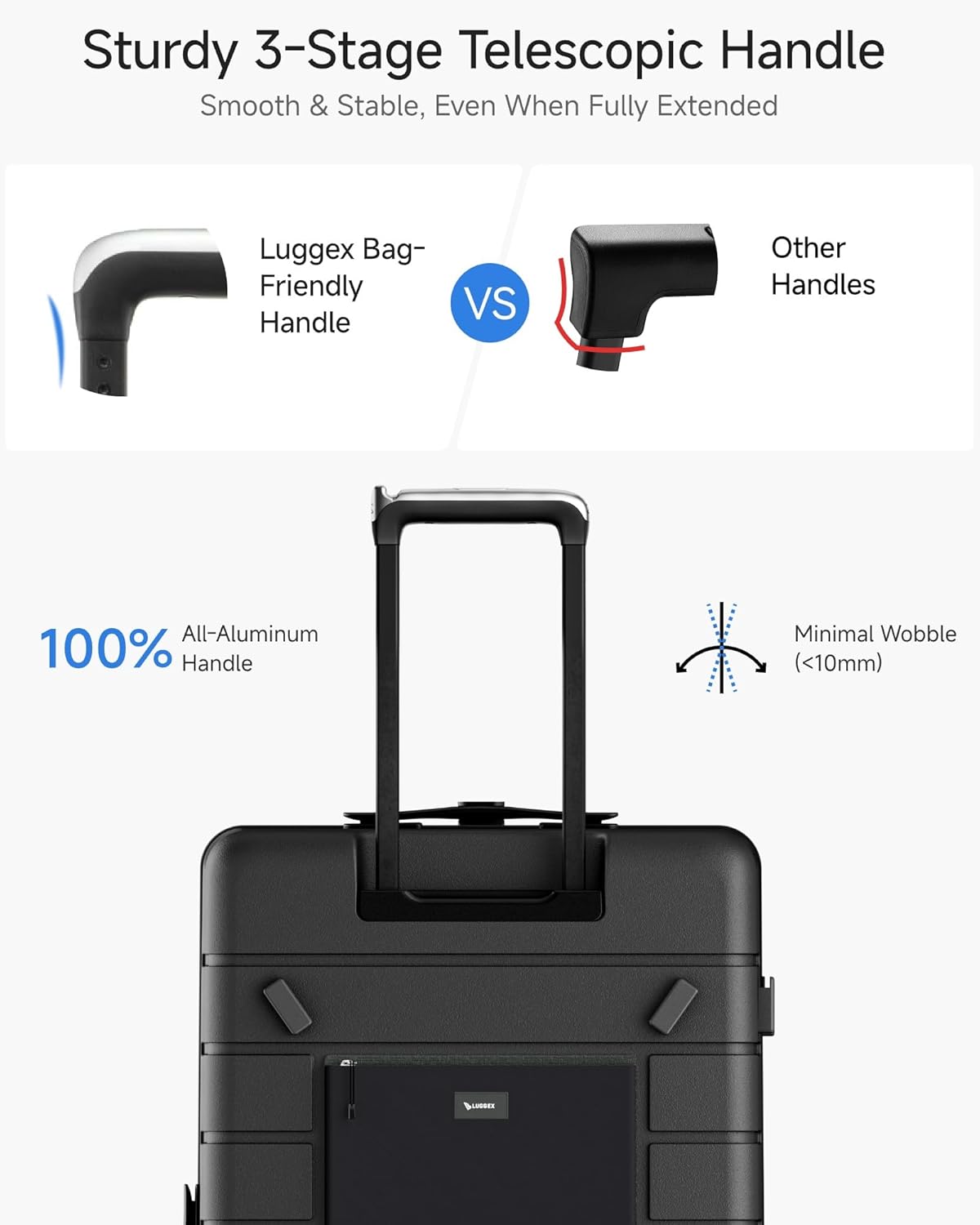 Sturdy 3-Stage Telescopic Handle  
Smooth & Stable, Even When Fully Extended  

Luggex Bag-Friendly Handle VS Other Handles  

100% All-Aluminum Handle  

Minimal Wobble (<10mm)