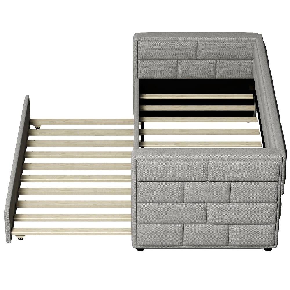 Alt View 8. Loheer - Loheer Twin Daybed with Trundle, Gray Upholstered Guest Bed with Padded Back, No Box Spring Needed - Gray.