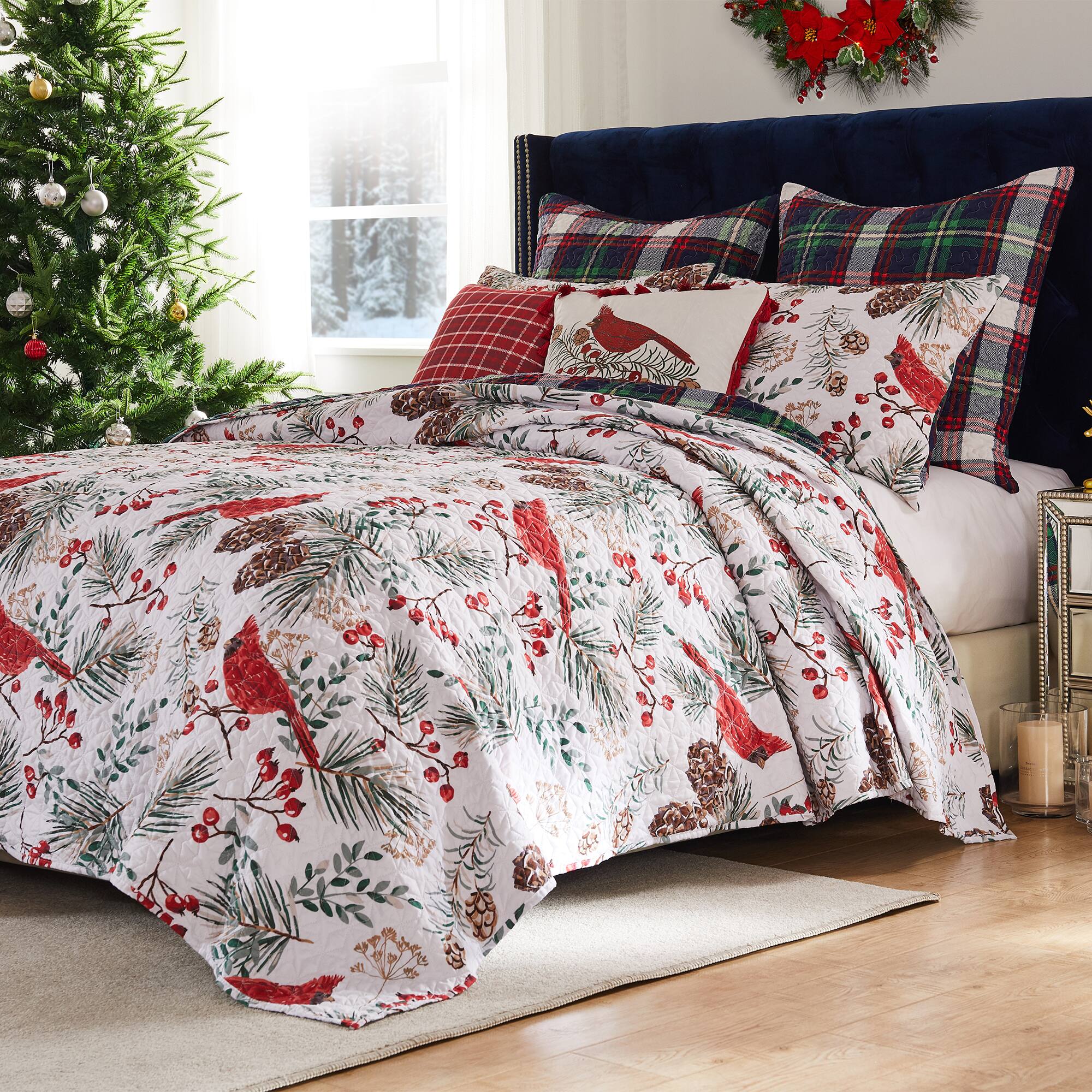 Back. BreeBe - Cardinal Plaid Quilt Set 3-Piece Full/Queen - Red.