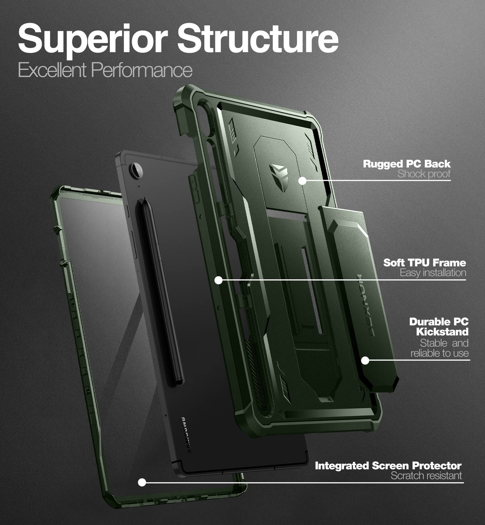 Superior Structure  
Excellent Performance

- Rugged PC Back  
  Shock proof

- Soft TPU Frame  
  Easy installation

- Durable PC Kickstand  
  Stable and reliable to use

- Integrated Screen Protector  
  Scratch resistant