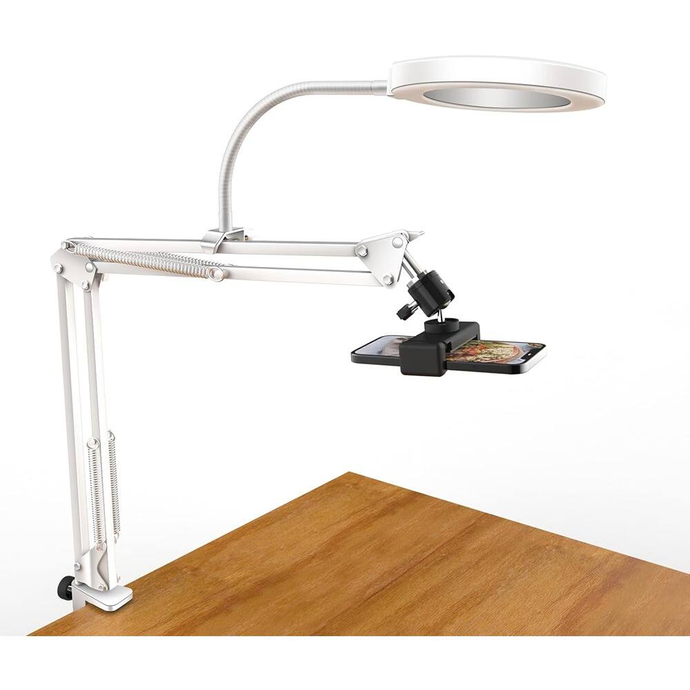 Front. PARKER SLATER - White overhead camera mount with ring light, flexible phone arm stand, perfect for streaming, cooking, recording..