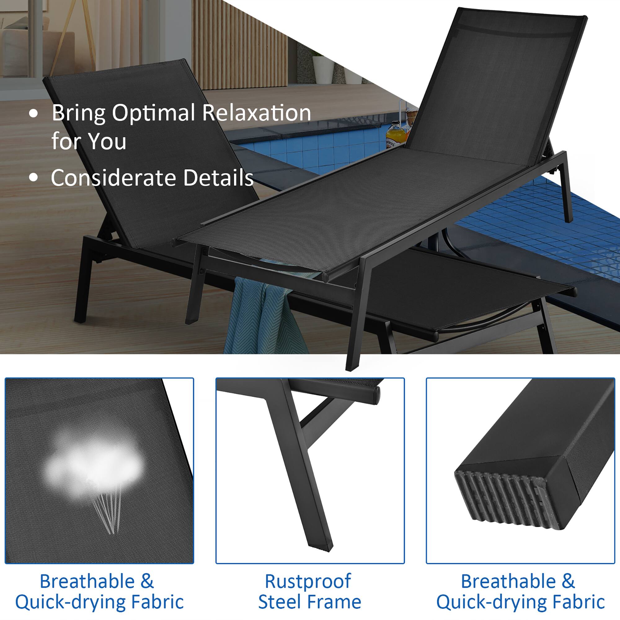Bring Optimal Relaxation for You, Considerate Details, Breathable & Quick-drying Fabric, Rustproof Steel Frame, Breathable & Quick-drying Fabric