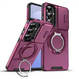 UUCOVER - For Samsung Galaxy S26 Magnetic Case with Slide Camera Lens Cover and Rotatable Ring Kickstand, Drop Protection Cover - Cherryred