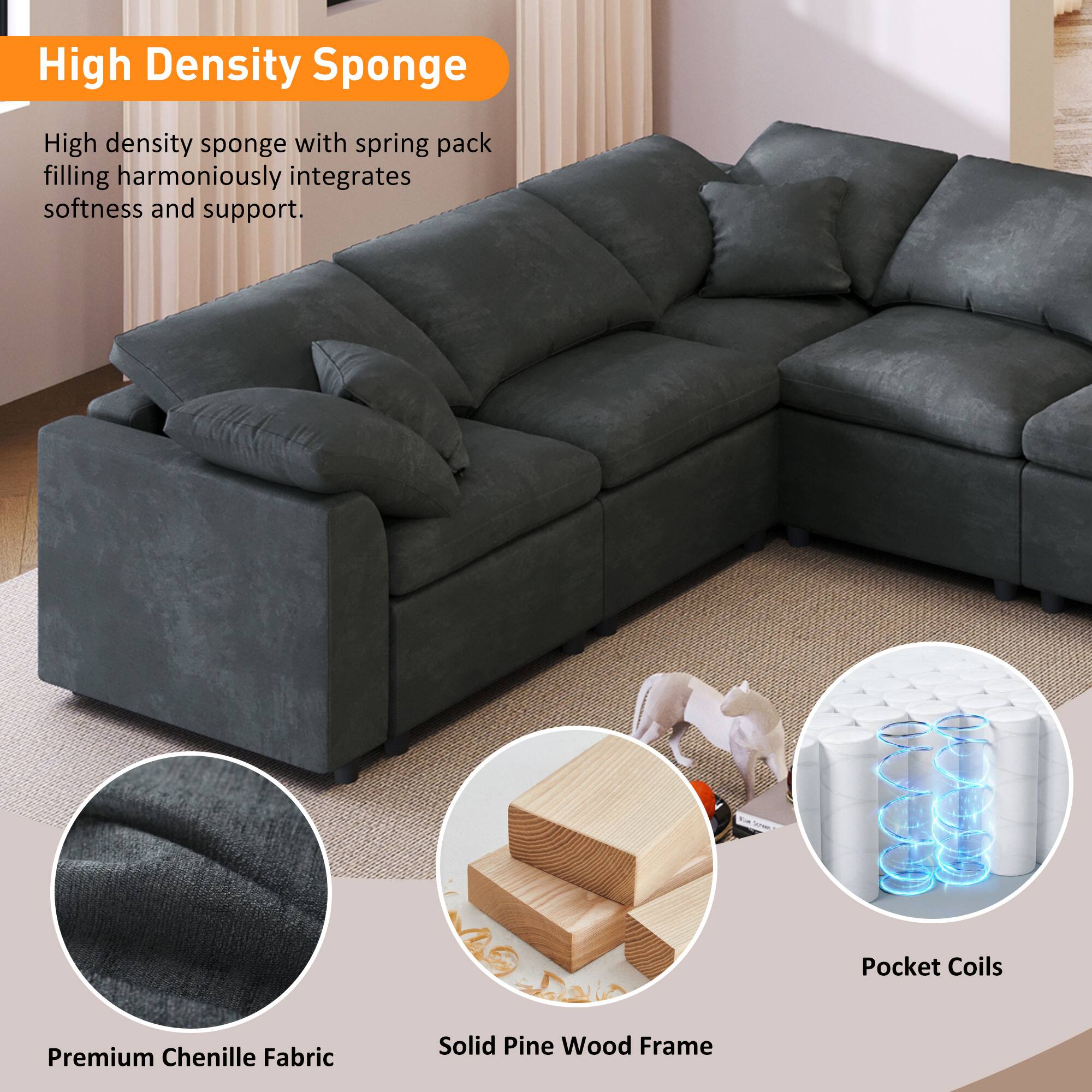 High Density Sponge  
High density sponge with spring pack filling harmoniously integrates softness and support.  
Pocket Coils  
Premium Chenille Fabric  
Solid Pine Wood Frame