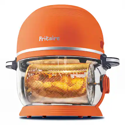 Front. Fritaire - Non-Toxic Air Fryer - Glass Air Fryer, 5qt, Teflon-Free, PFOA- Free, w/ Accessories - Rotisserie and Tumbling Basket - Orange.