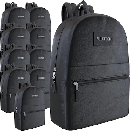 Front. Vulpecula Spade - 10 Pack Bulk Backpacks, Wholesale 17-Inch Lightweight Bookbags for Kids, Adults - 1 - Backpacks Black.
