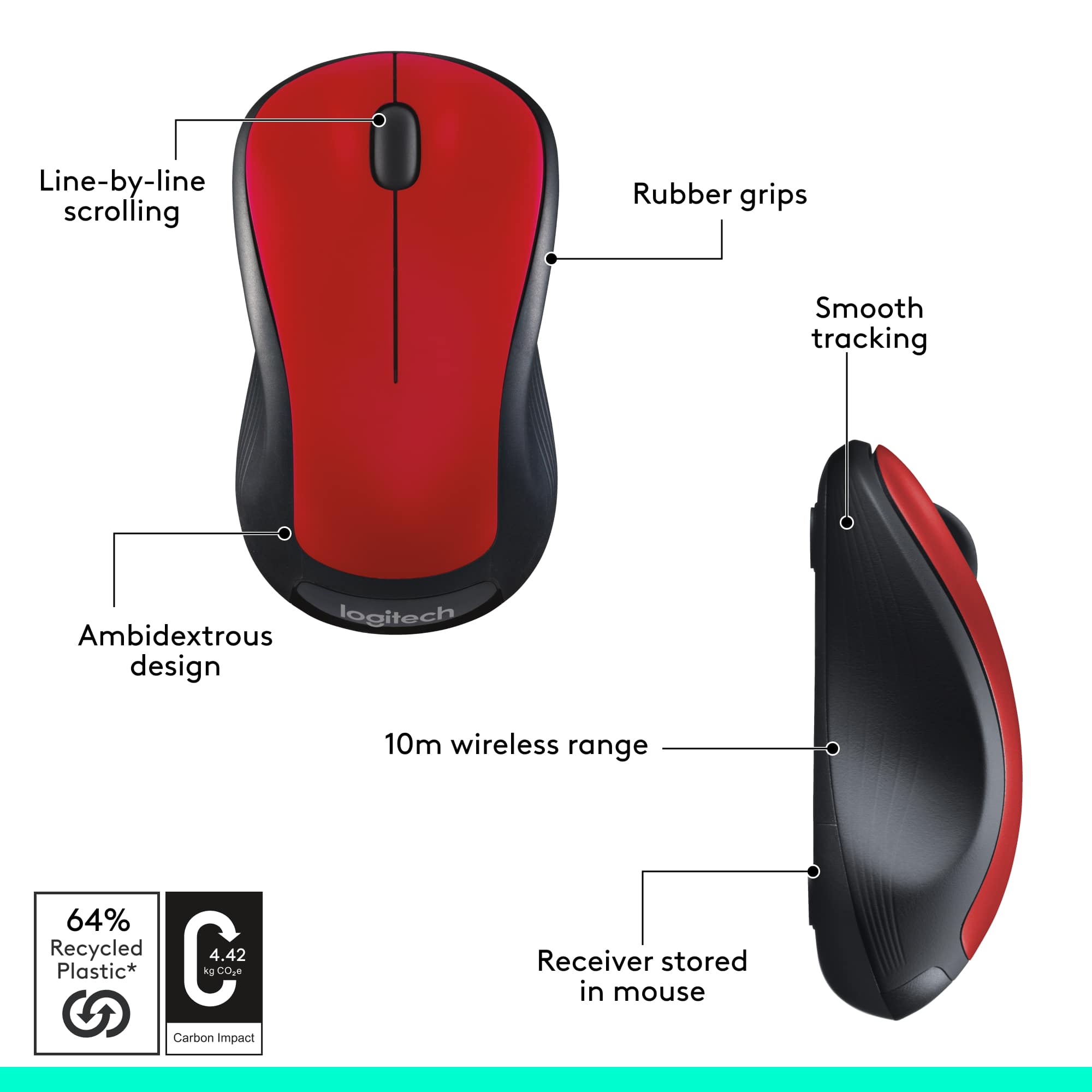 Line-by-line scrolling, Rubber grips, Smooth tracking, logitech, Ambidextrous design, 10m wireless range, 64% Recycled C, 4.42 Plastic* kg co2e, Carbon impact, Receiver stored in mouse.