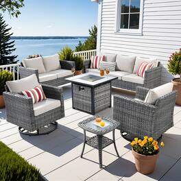 Ovios - 6 PCS Patio Furniture Wicker Sofa with Swivel Chair, Side Table and 30" Fire Pit Table for Deck - Beige
