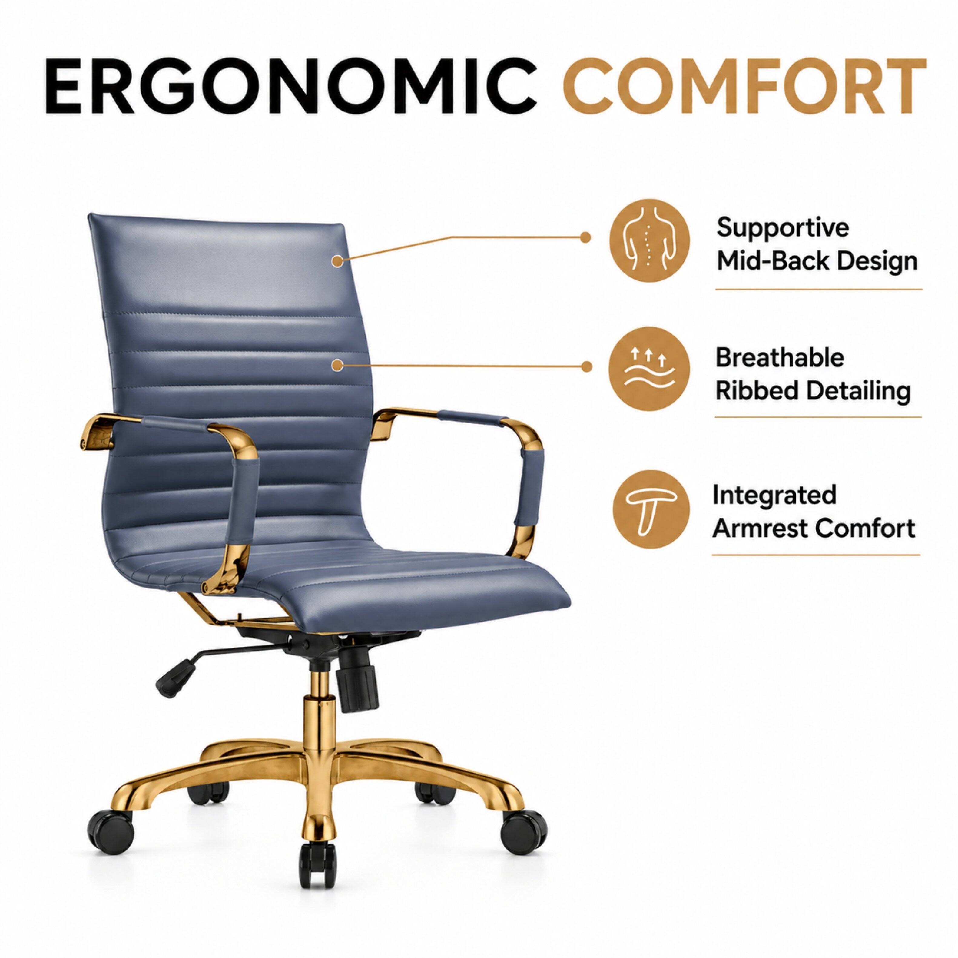 ERGONOMIC COMFORT

- Supportive Mid-Back Design
- Breathable Ribbed Detailing
- Integrated Armrest Comfort
