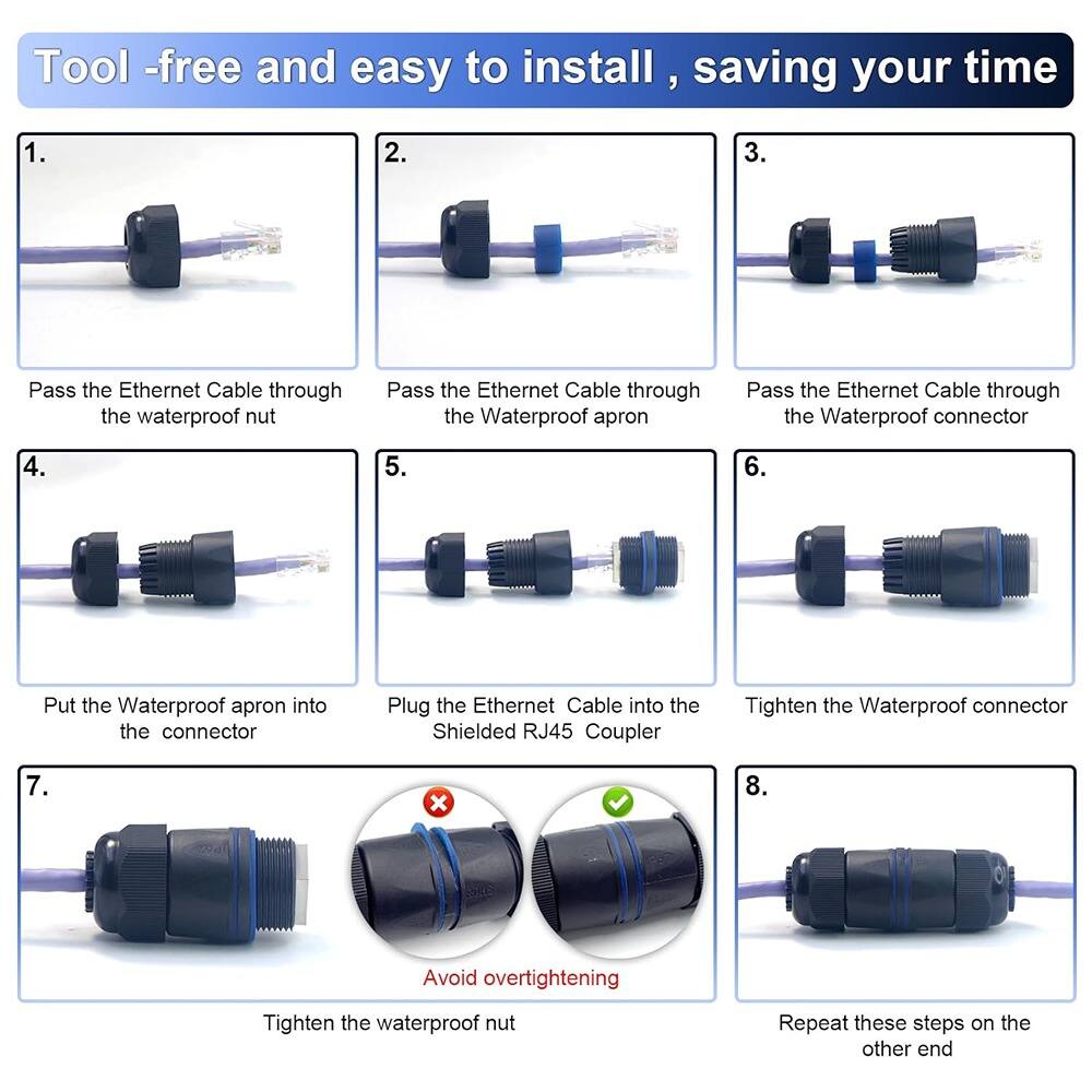 Tool-free and easy to install, saving your time

1. Pass the Ethernet Cable through the waterproof nut
2. Pass the Ethernet Cable through the Waterproof apron
3. Pass the Ethernet Cable through the Waterproof connector
4. Put the Waterproof apron into the connector
5. Plug the Ethernet Cable into the Shielded RJ45 Coupler
6. Tighten the Waterproof connector
7. Tighten the waterproof nut
   - Avoid overtightening
8. Repeat these steps on the other end