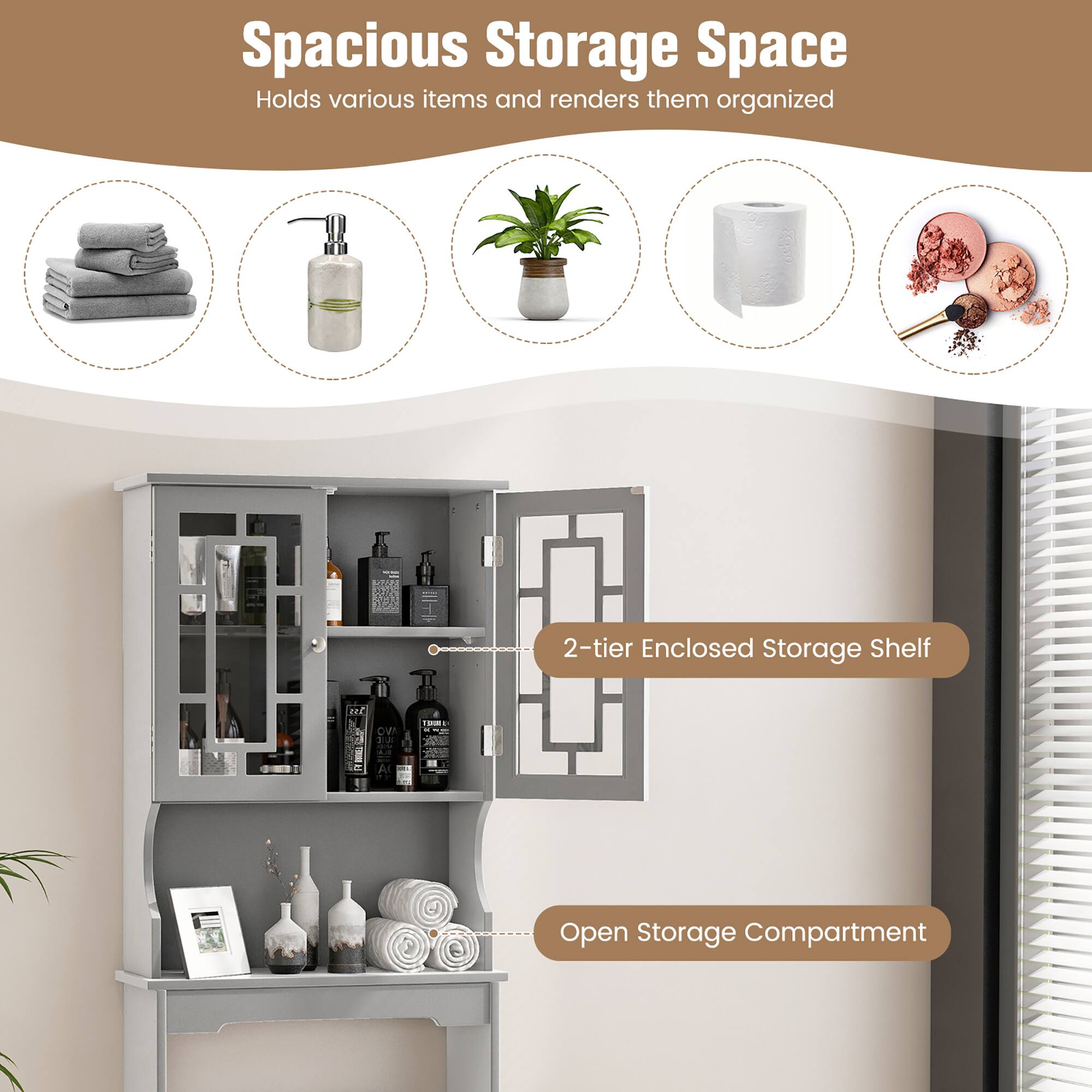 Spacious Storage Space  
Holds various items and renders them organized  

2-tier Enclosed Storage Shelf  

Open Storage Compartment