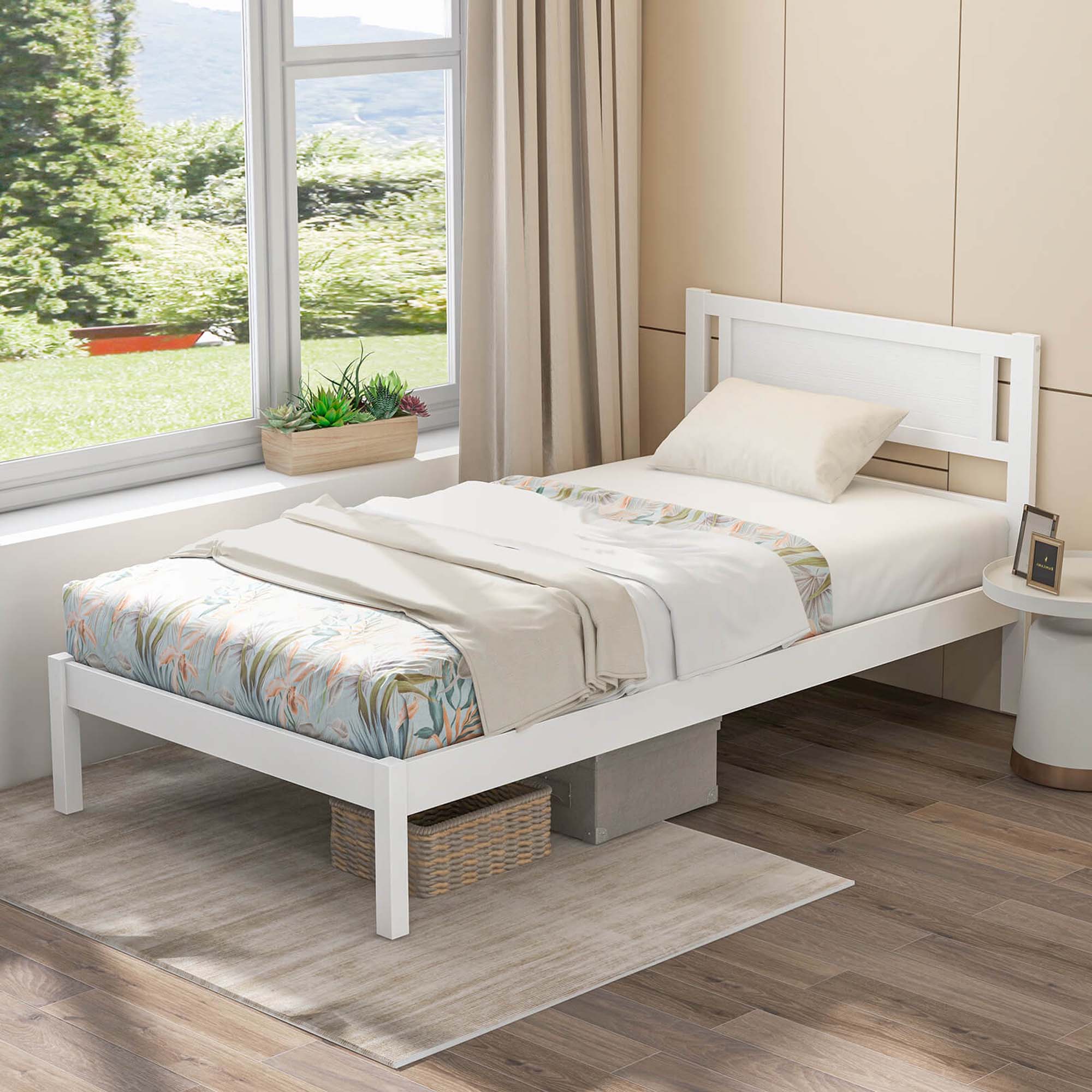 Back. Costway - Twin Wooden Platform Bed with 12 Slats Headboard & Under Bed Storage - White.