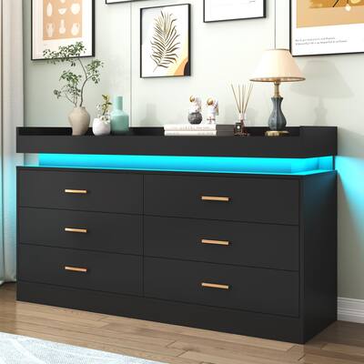 Lent Glitter Wood - 6 Drawer LED Dresser with Charging Station, Wide Storage Cabinet for Bedroom, Living Room & Hallway - Black Lent Glitter Wood - 6 Drawer LED Dresser with Charging Station, Wide Storage Cabinet for Bedroom, Living Room & Hallway - Black