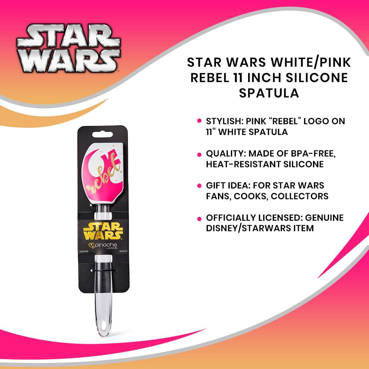 STAR WARS WHITE/PINK REBEL 11 INCH SILICONE SPATULA

- STYLISH: PINK "REBEL" LOGO ON 11" WHITE SPATULA
- QUALITY: MADE OF BPA-FREE, HEAT-RESISTANT SILICONE
- GIFT IDEA: FOR STAR WARS FANS, COOKS, COLLECTORS
- OFFICIALLY LICENSED: GENUINE DISNEY/STARWARS ITEM
