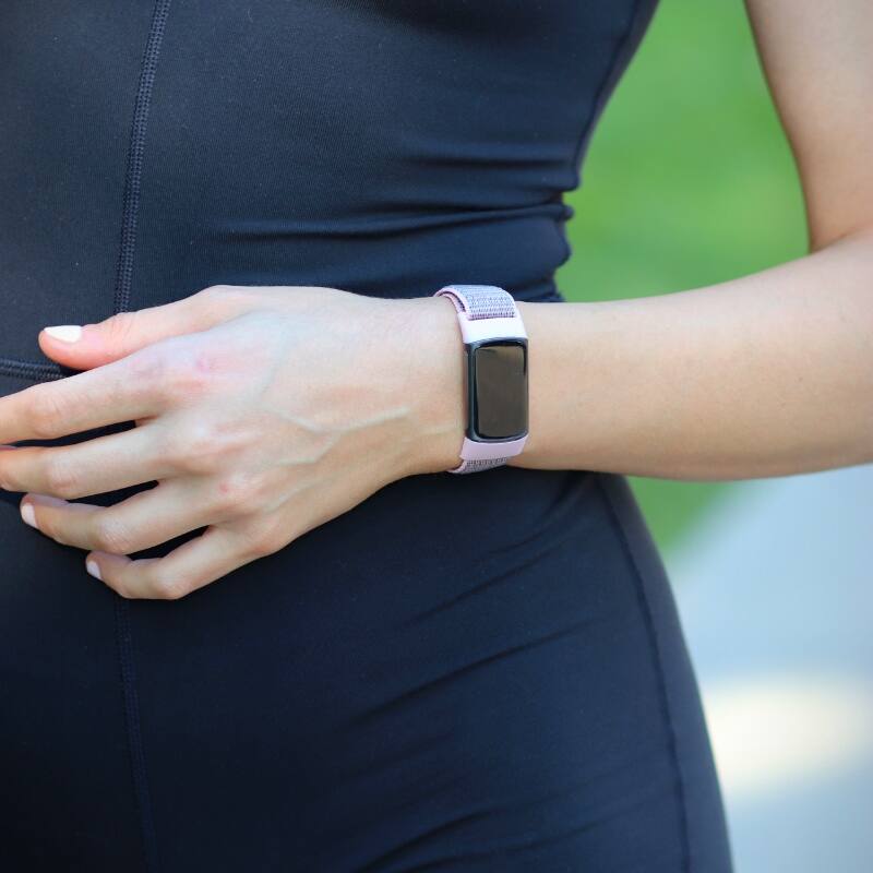 Left. StrapsCo - Everyday Elastic Nylon Watch Band Strap For Fitbit Charge 5 - Dark Brown.