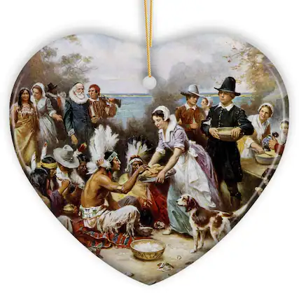 Front. OrnamentallyYou - The First Thanksgiving Painting Vintage Ornament Pilgrims and Native Americans Harmony - Multi-colored.