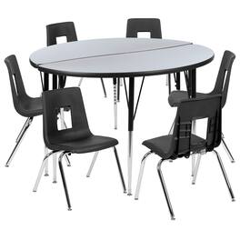 Flash Furniture - Emmy 47.5" Circle Wave Flexible Laminate Activity Table Set with 18" Student Stack Chairs, Grey/Black - Gray