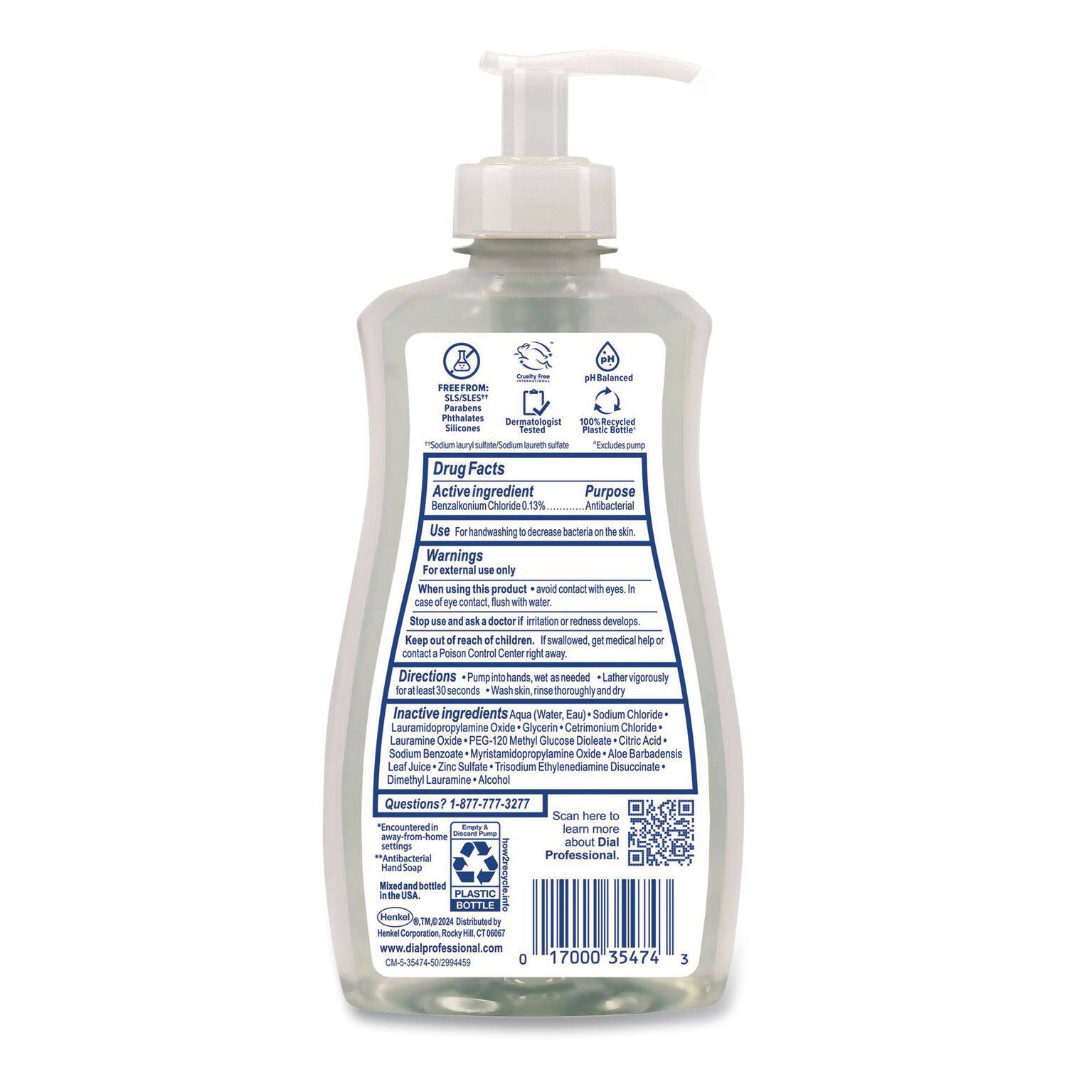 6 - I Balanced FREE FROM 3548S Parabens Phthalates 100% Recycled Dermatologist Silicones Tested Plasile Earer odim auy Soutom UO ufe "Perhutes pum Drug Facts Active ingredient Purpose Benzalkonium Chloride 3% Antibacterial Use For handwashing to decrease bacteria on the skin Warnings For external use only When using this product avoid contact with eyes in case of contact flush with water Stop use and ask a doctor if irritation or redness develops Keep out of reach of children if swallowed get medical help or contact Poison Control Center right away Directions Pump into hands wet as needed lather vigorously for at least 30 seconds Wash skin, rinse thoroughly and dry Inactive ingredients Aqua (Water Eau) Sodium Chloride Lauramidopropylamine Oxide Glycerin Cetrimonium Chloride Lauramine Oxide PEG-20 Methyl Glucose Dioleate Citric Acid Sodium Benzoate Myristamidopropylamine Oxide Aloe Barbadensis Leaf Juice Zinc Sulfate Trisodium Ethylenediamine Disuccinate