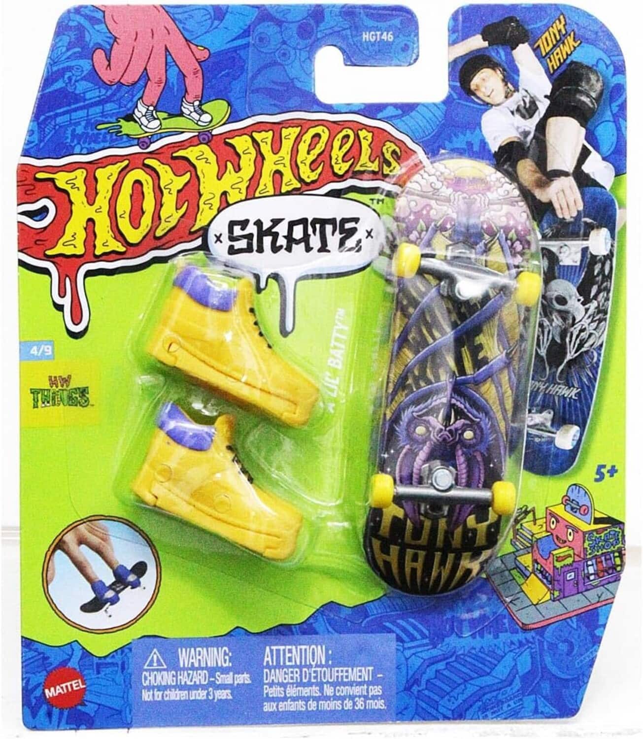 Tony Hawk - Mattel - Hot Wheels Skate Tony Hawk A Lil' Batty Finger Skateboard + 1 Pair of Shoes - COLLECTABLES - Multicolor