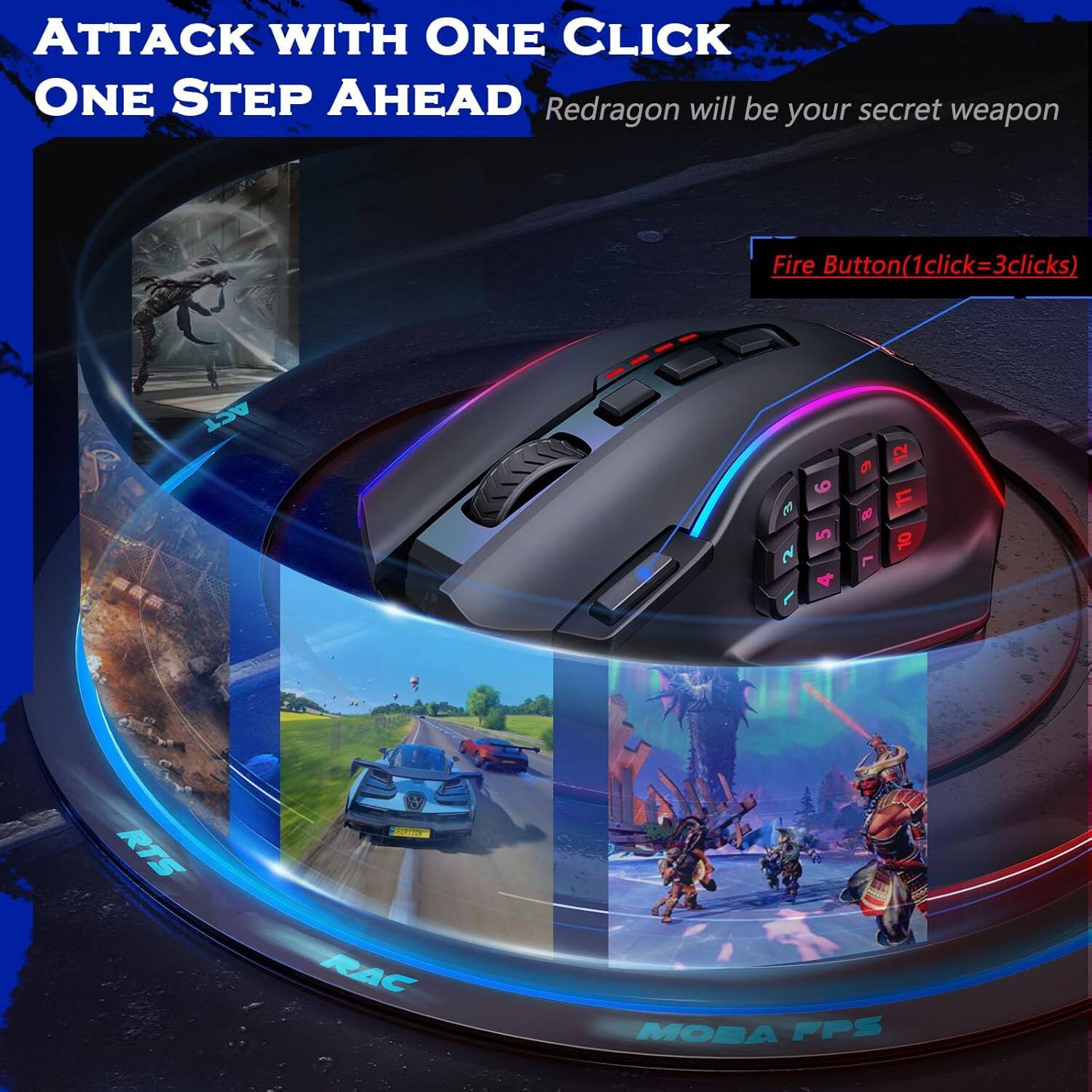 Attack with One Click One Step Ahead. Redragon will be your secret weapon. Fire Button (1 click = 3 clicks).