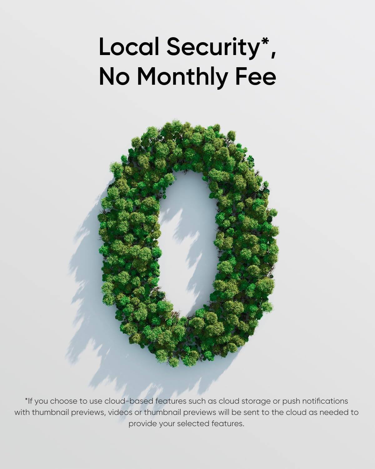 Local Security*, No Monthly Fee

*If you choose to use cloud-based features such as cloud storage or push notifications with thumbnail previews, videos or thumbnail previews will be sent to the cloud as needed to provide your selected features.