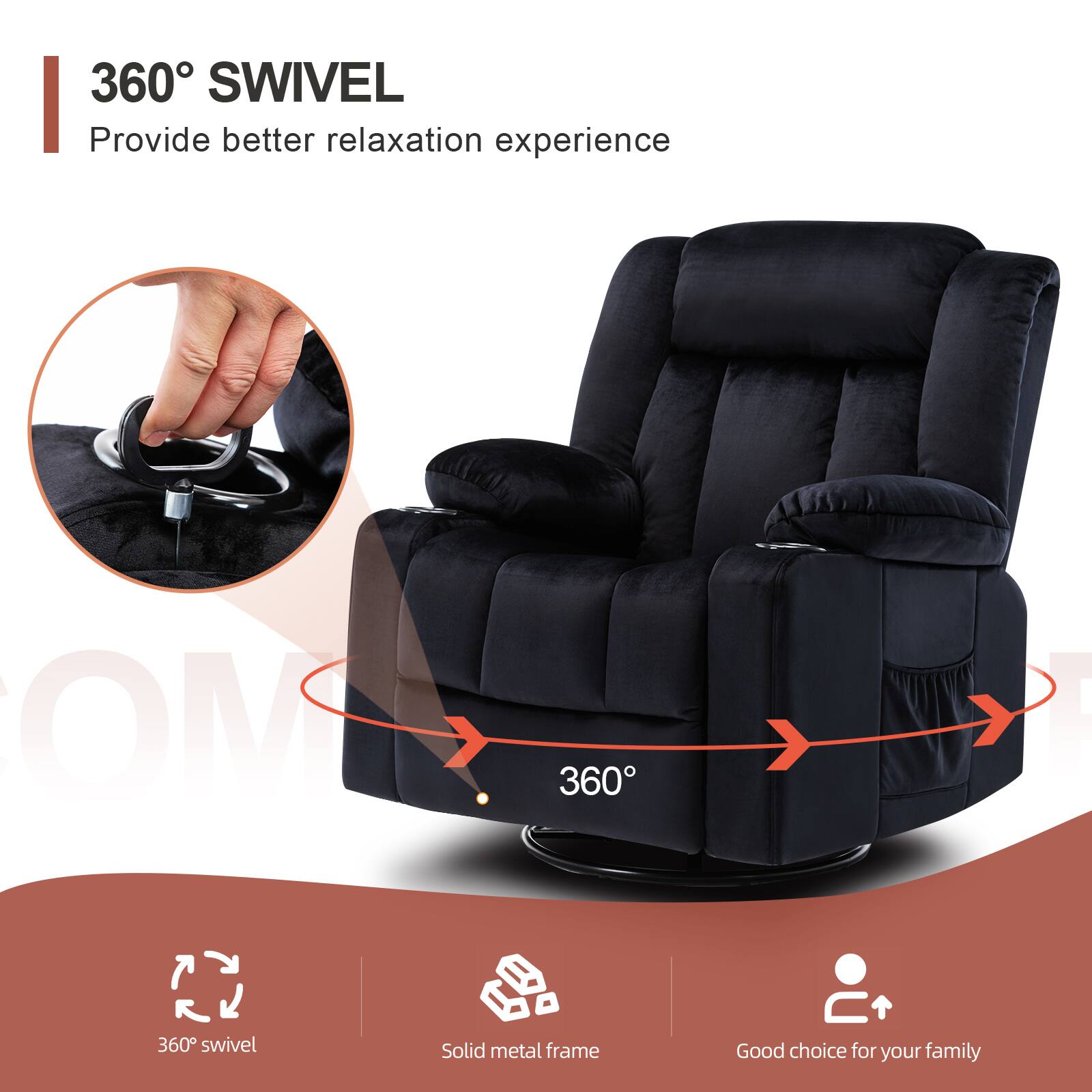 360° SWIVEL, Provide better relaxation experience, 360° swivel, Solid metal frame, Good choice for your family