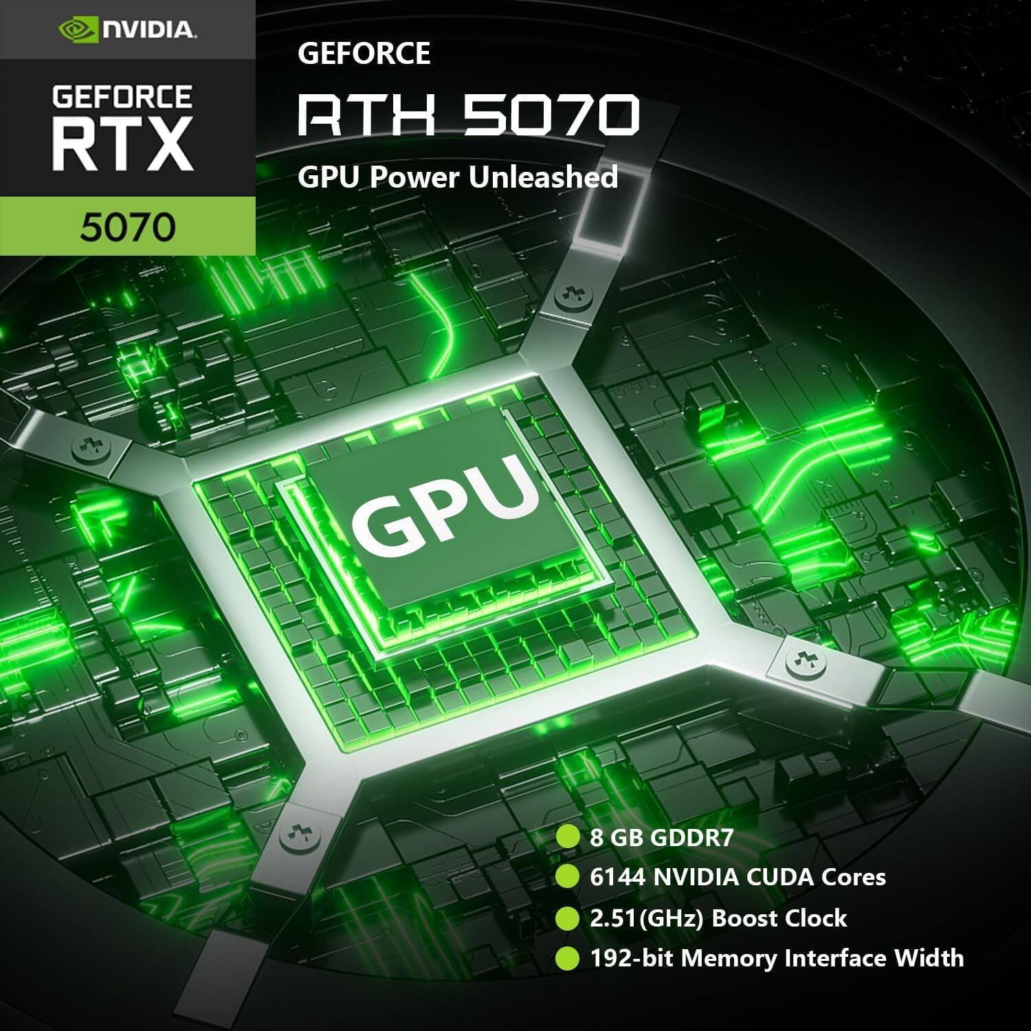 NVIDIA GEFORCE RTX 5070 GPU Power Unleashed

- 8 GB GDDR7
- 6144 NVIDIA CUDA Cores
- 2.51 GHz Boost Clock
- 192-bit Memory Interface Width