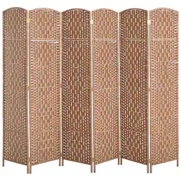Homcom - Divider 6 Panel, 6FT Tall Folding Privacy Screen, Freestanding Hand-Woven Partition for Room Separation with 360° Hinges - Natural Wood