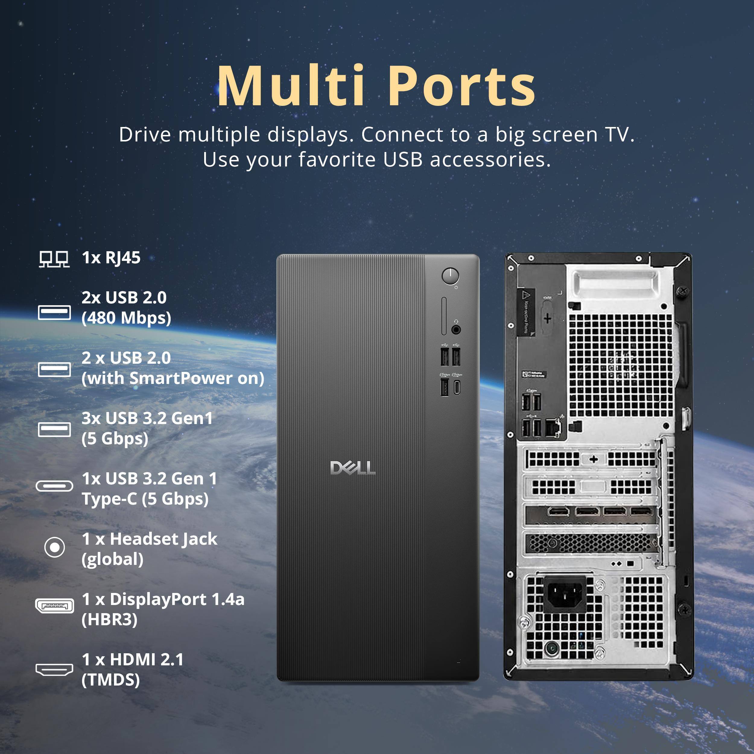 Multi Ports  
Drive multiple displays. Connect to a big screen TV. Use your favorite USB accessories.  

1x RJ45  
2x USB 2.0 (480 Mbps)  
2x USB 2.0 (with SmartPower on)  
3x USB 3.2 Gen1 (5 Gbps)  
1x USB 3.2 Gen 1 Type-C (5 Gbps)  
1x Headset Jack (global)  
1x DisplayPort 1.4a (HBR3)  
1x HDMI 2.1 (TMDS)