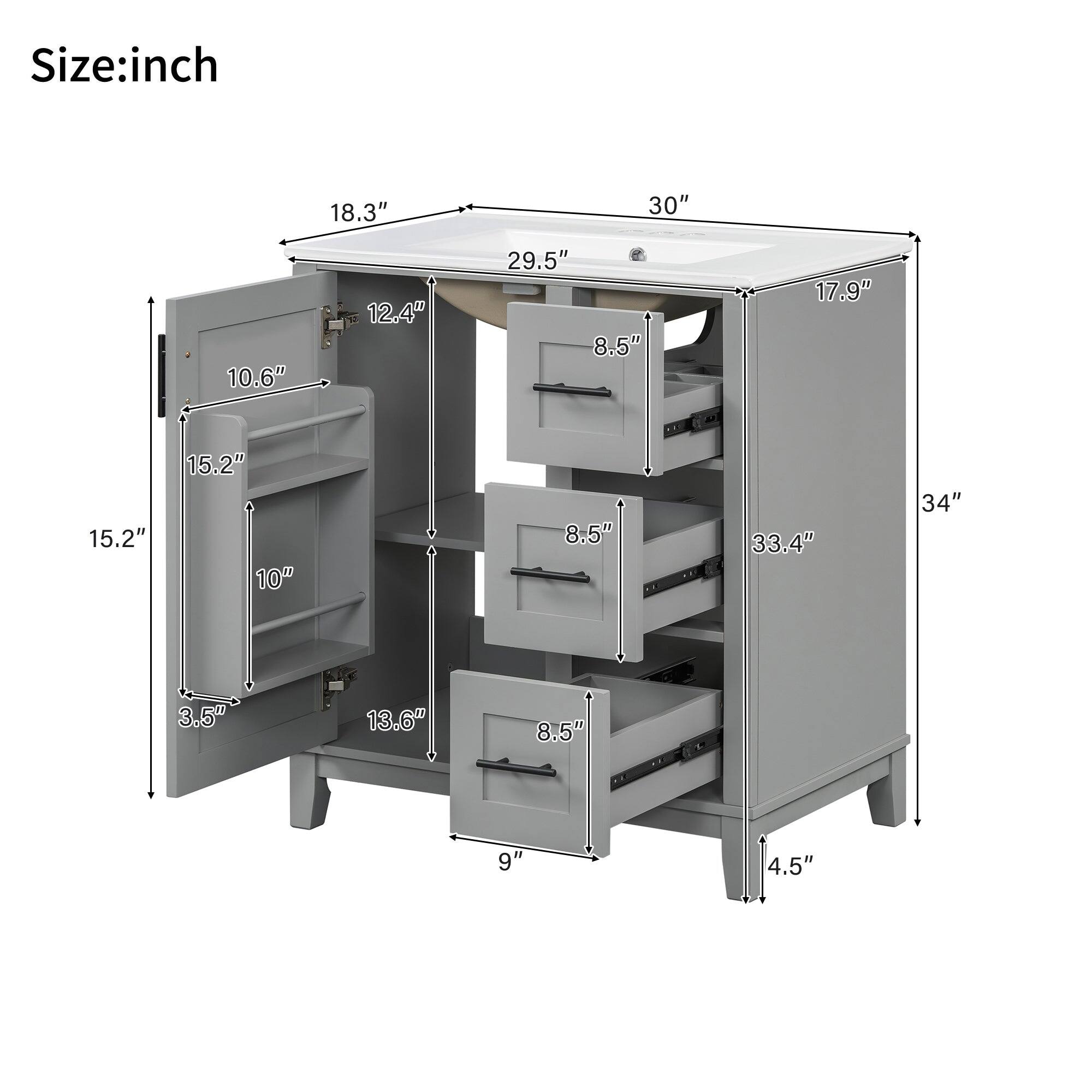 Size: inch

- 30"
- 18.3"
- 29.5"
- 12.4"
- 17.9"
- 34"
- 33.4"
- 8.5"
- 10.6"
- 15.2"
- 15.2"
- 10"
- 3.5"
- 13.6"
- 8.5"
- 9"
- 4.5"