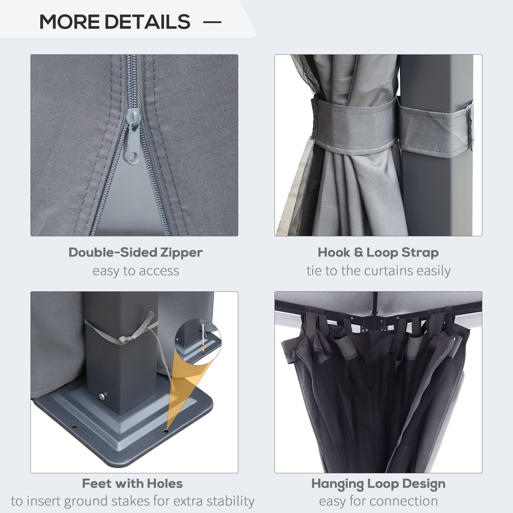 MORE DETAILS - Double-Sided Zipper easy to access
Hook & Loop Strap tie to the curtains easily
Feet with Holes to insert ground stakes for extra stability
Hanging Loop Design easy for connection