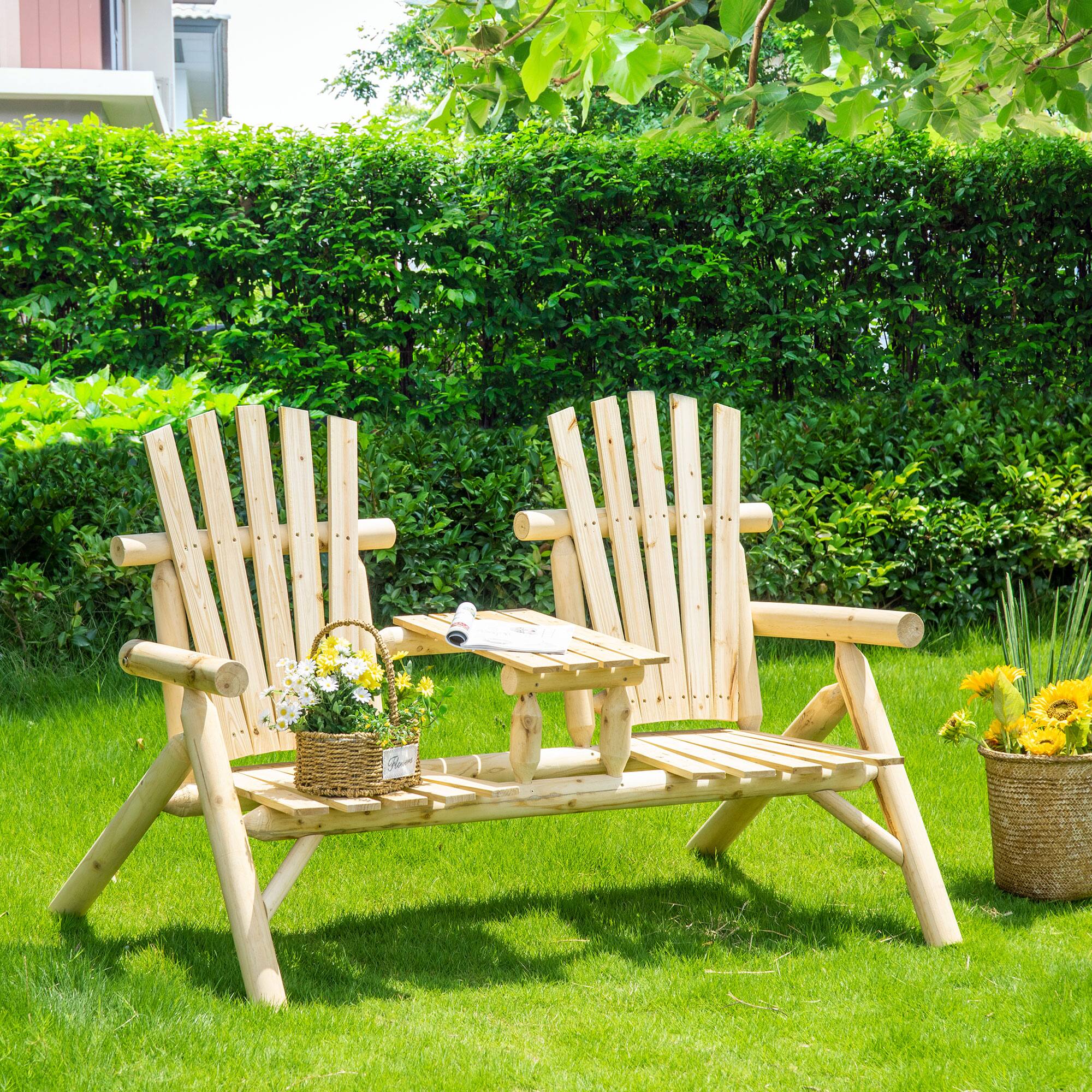 Alt View 1. Outsunny - Wooden Adirondack Chair, Patio Bench with Table, Outdoor Loveseat Fire Pit Chair for Porch, Backyard - Natural.