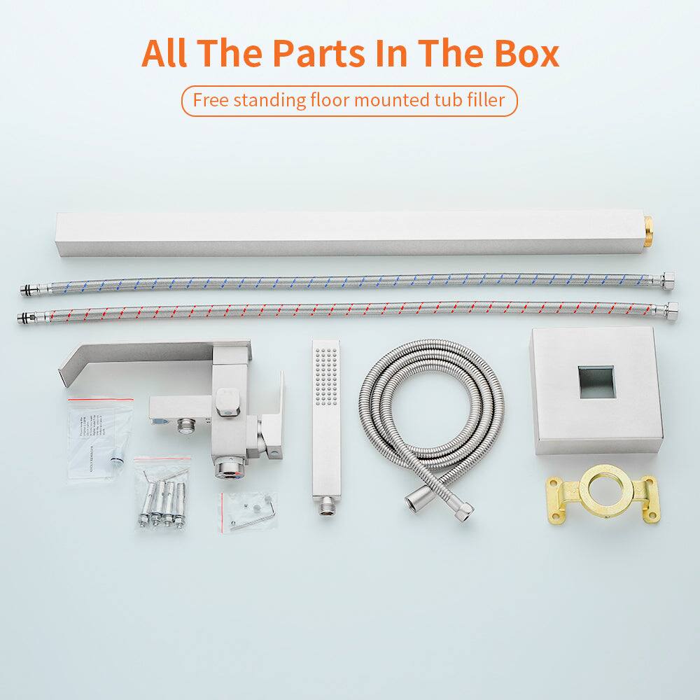 All The Parts In The Box  
Free standing floor mounted tub filler