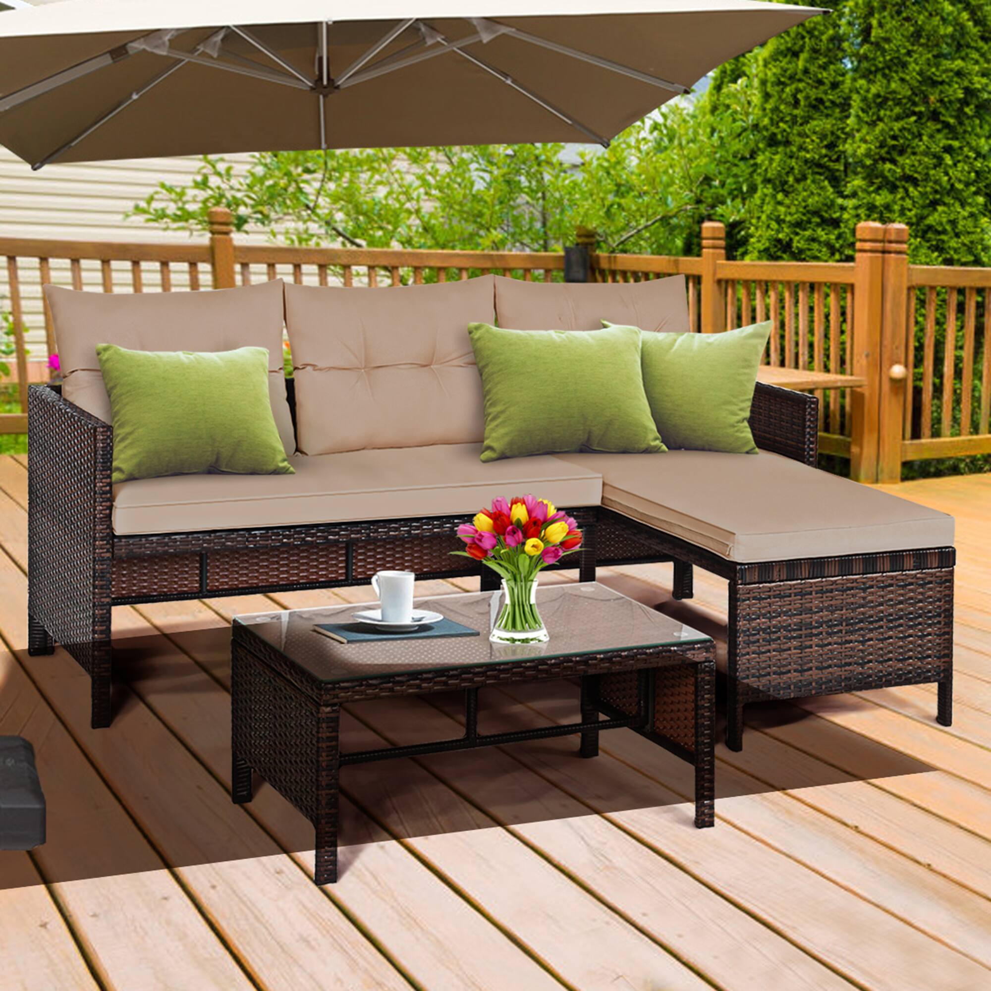 Gymax - 3PCS Outdoor Rattan Furniture Set Patio Couch Sofa Set w/ Coffee Table - as pic