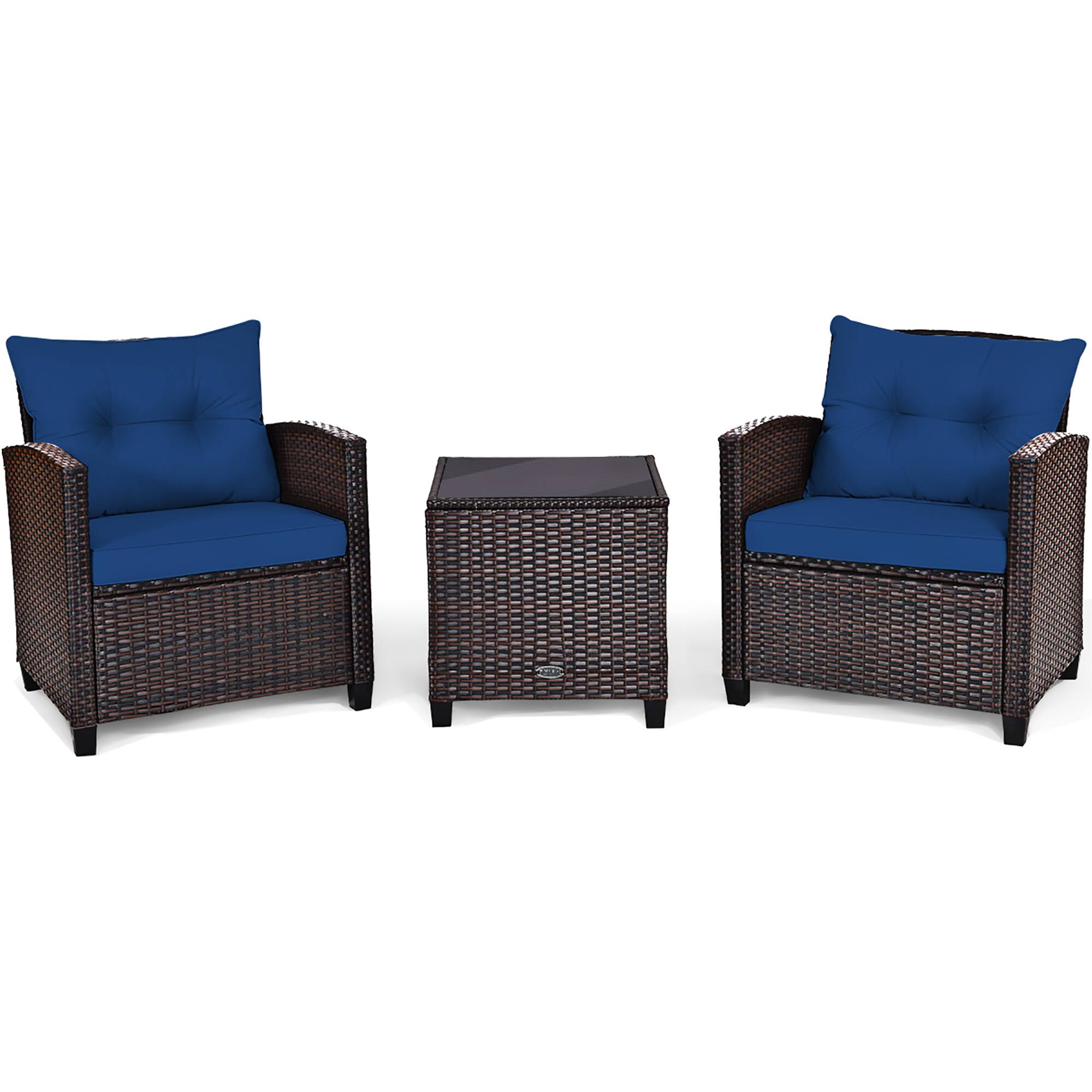 Angle. Costway - 3PCS Patio Rattan Furniture Set Cushioned Conversation Set Coffee Table - Navy.